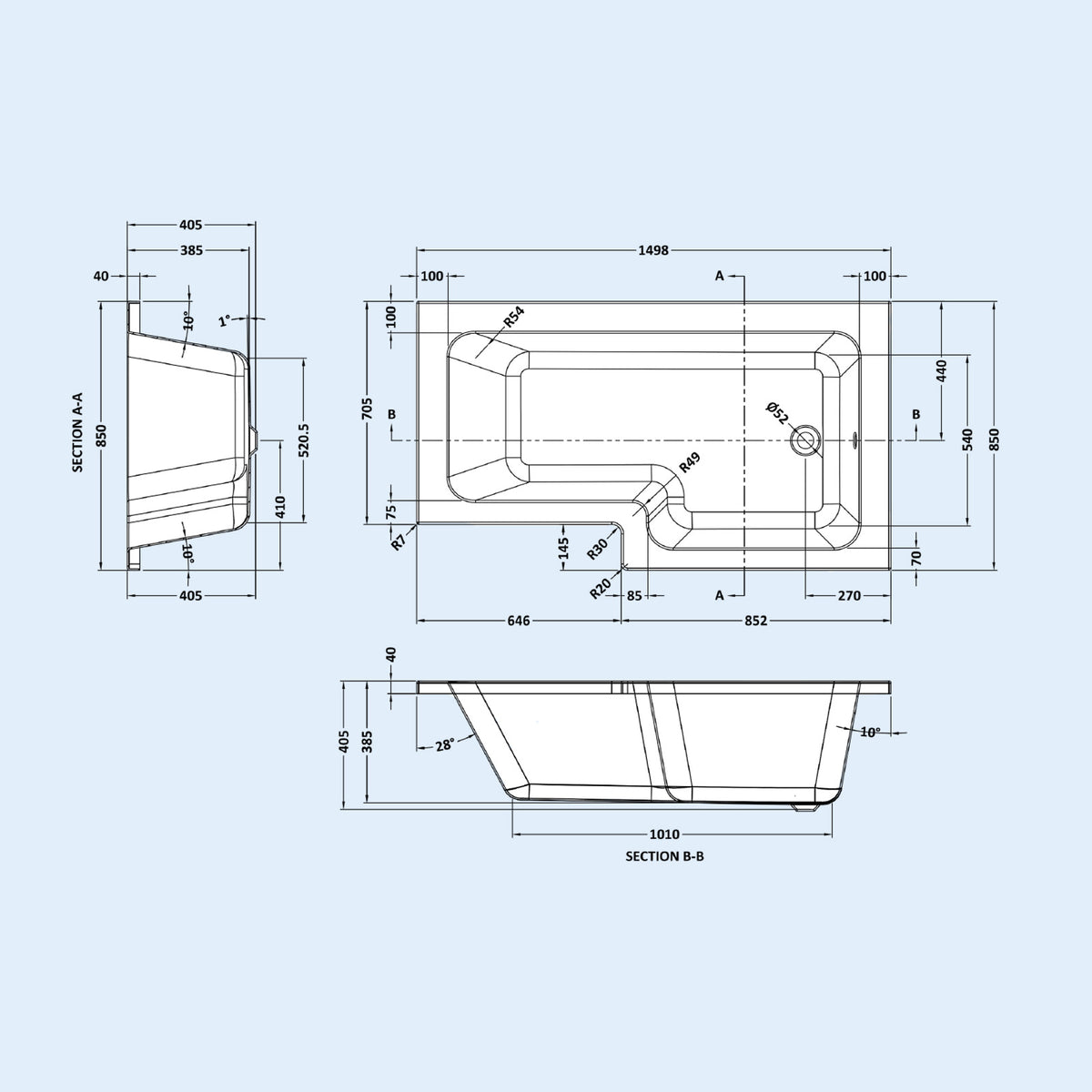 L Shaped RH 1500mm Shower Bath Acrylic & Front Panel
