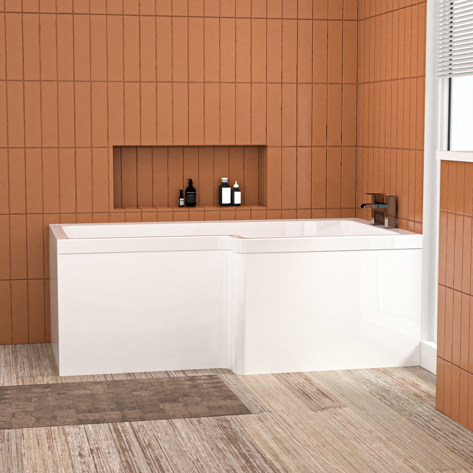L Shaped RH 1500mm Curved Shower Bath Acrylic & Front Panel