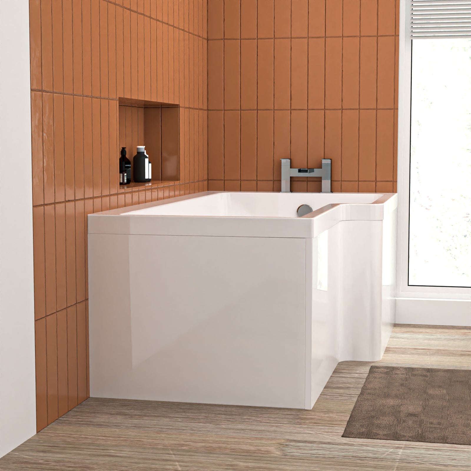 L Shaped RH 1500mm Curved Shower Bath Acrylic & Front Panel