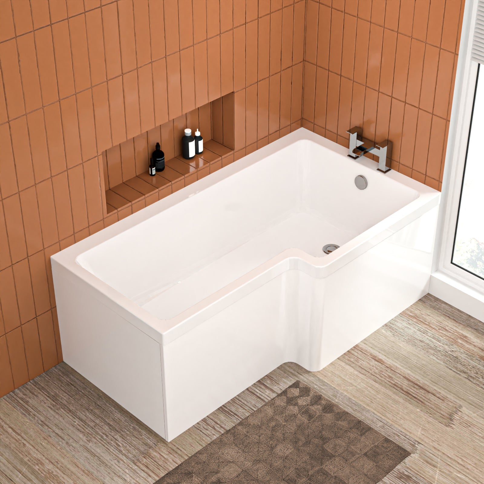 L Shaped RH 1500mm Curved Shower Bath Acrylic & Front Panel