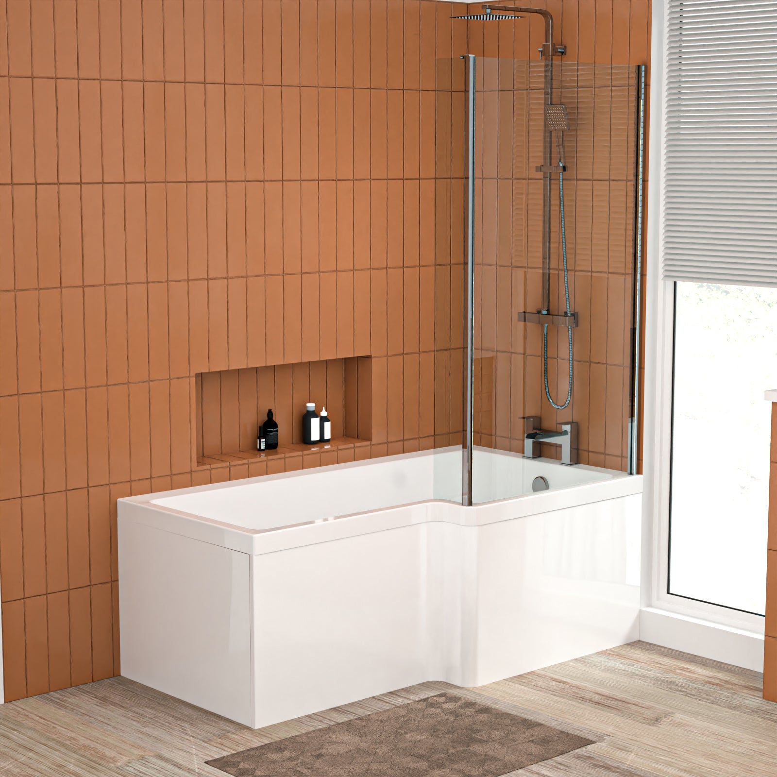 L Shaped RH 1500mm Curved Shower Bath Acrylic Front Panel & Screen
