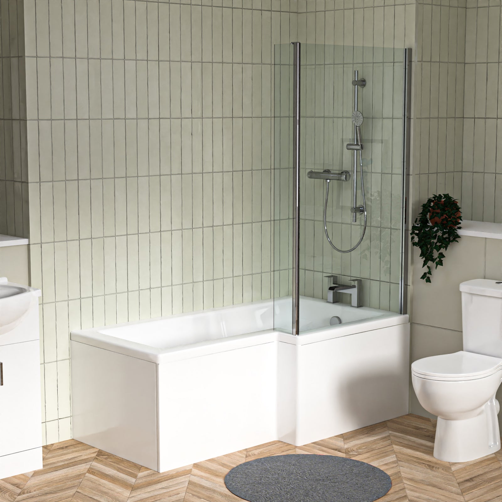 1500mm RH L Shaped Bathroom Suite, Front Panel & Screen With Vanity & Toilet