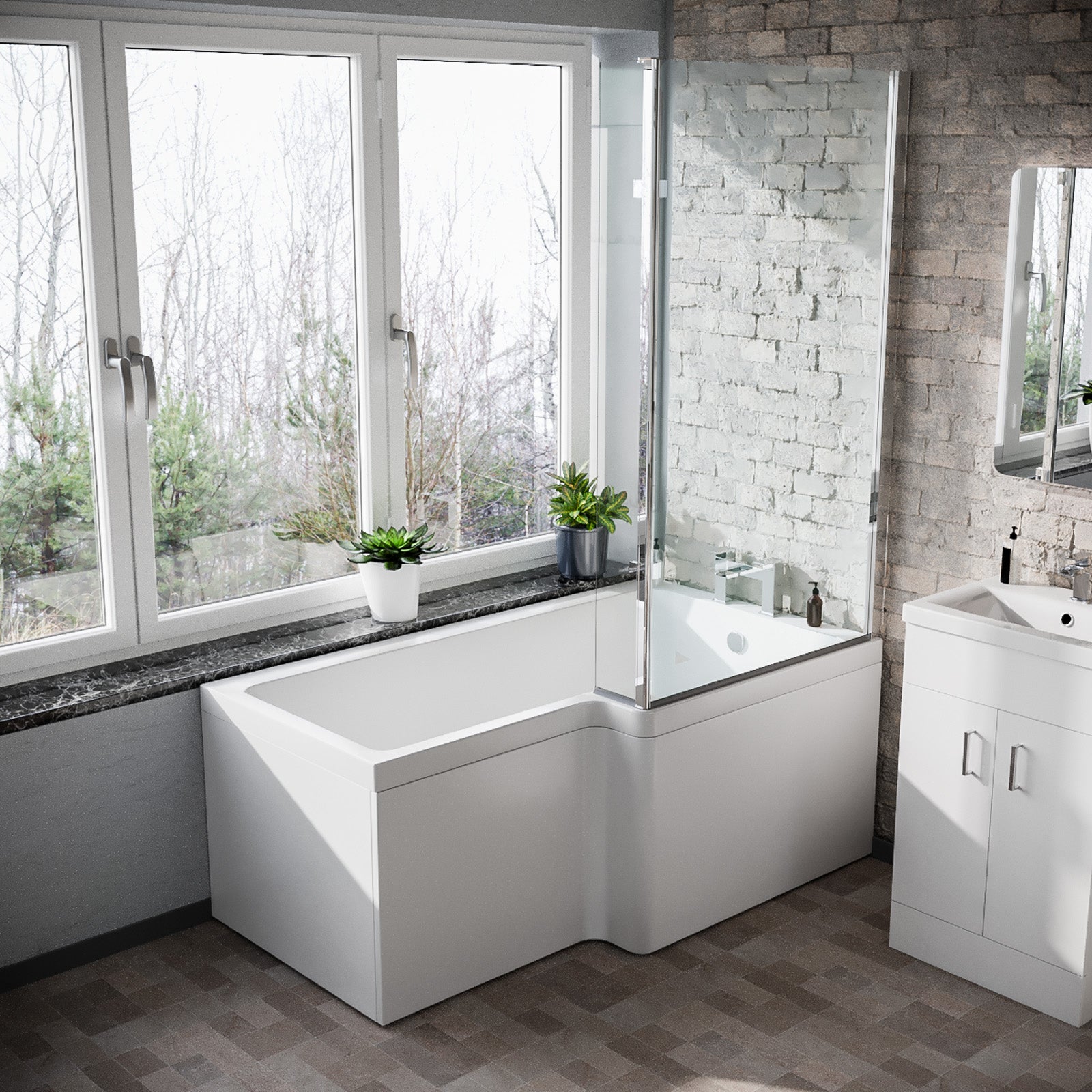 1500mm RH L-Shaped Bath, Front Panel, Screen With 500mm Vanity & Toilet