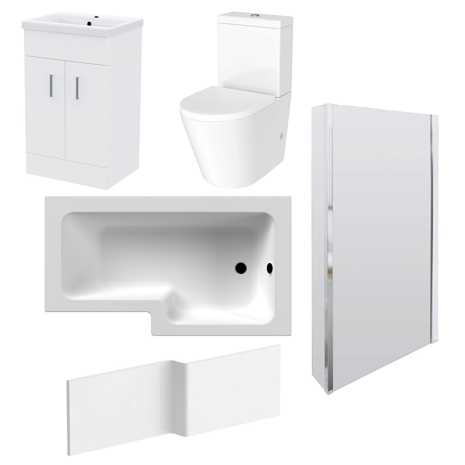 1500mm RH L-Shaped Bath, Front Panel, Screen With 500mm Vanity & Toilet