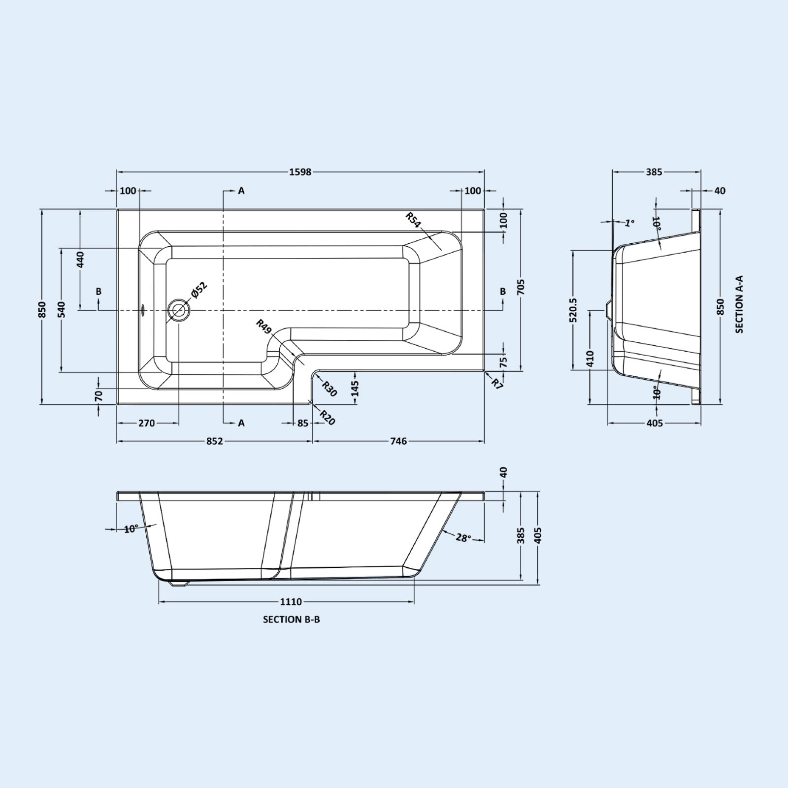 1600mm LH L Shaped Bathroom Suite, Front Panel & Screen With Vanity & Toilet