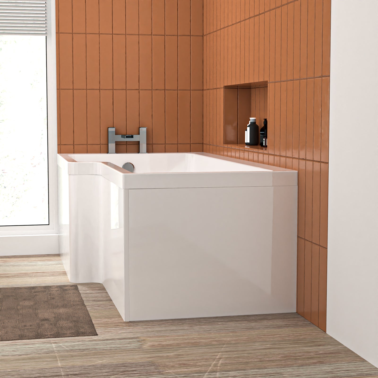 L Shaped LH 1600mm Curved Shower Bath Acrylic & Front Panel