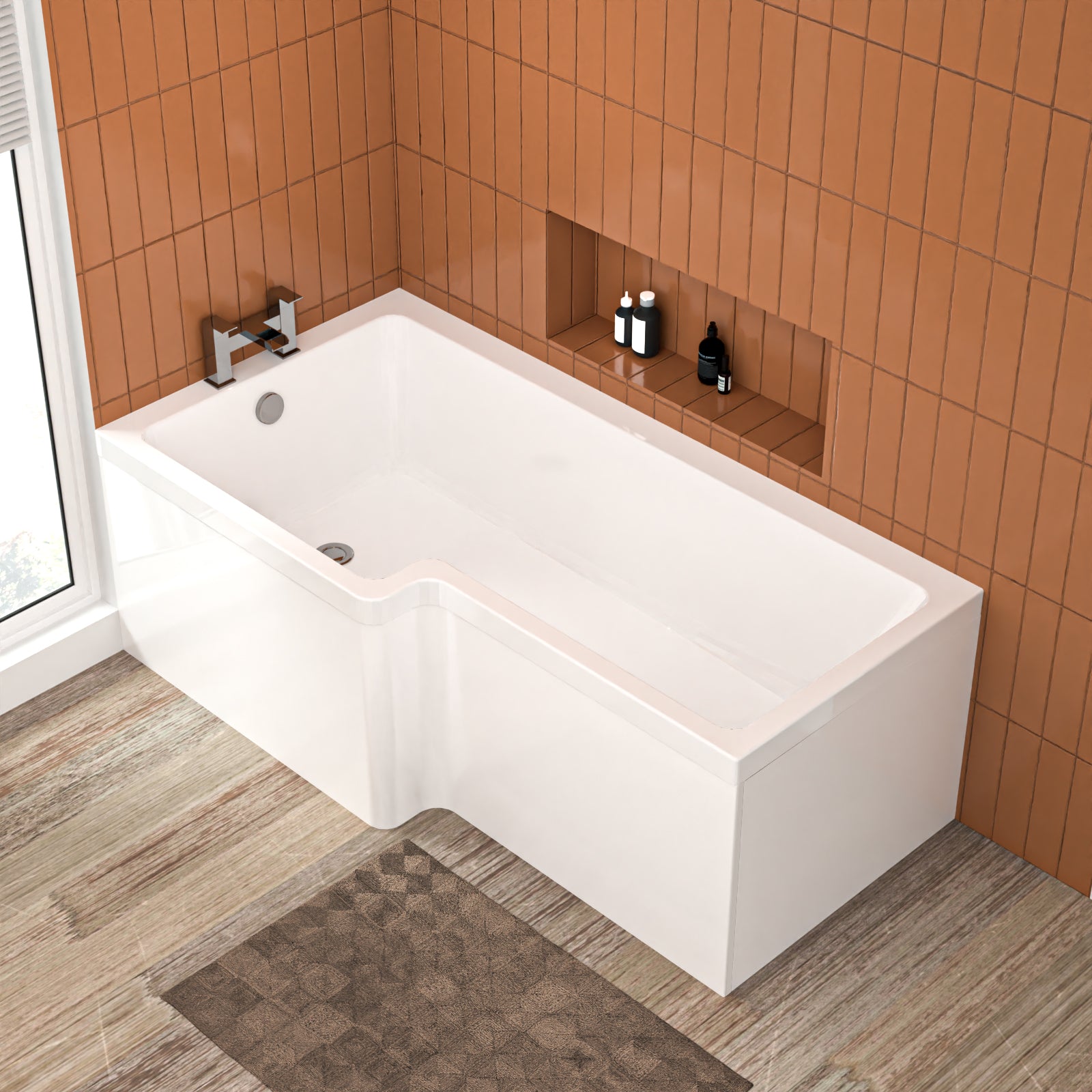 L Shaped LH 1600mm Curved Shower Bath Acrylic & Front Panel