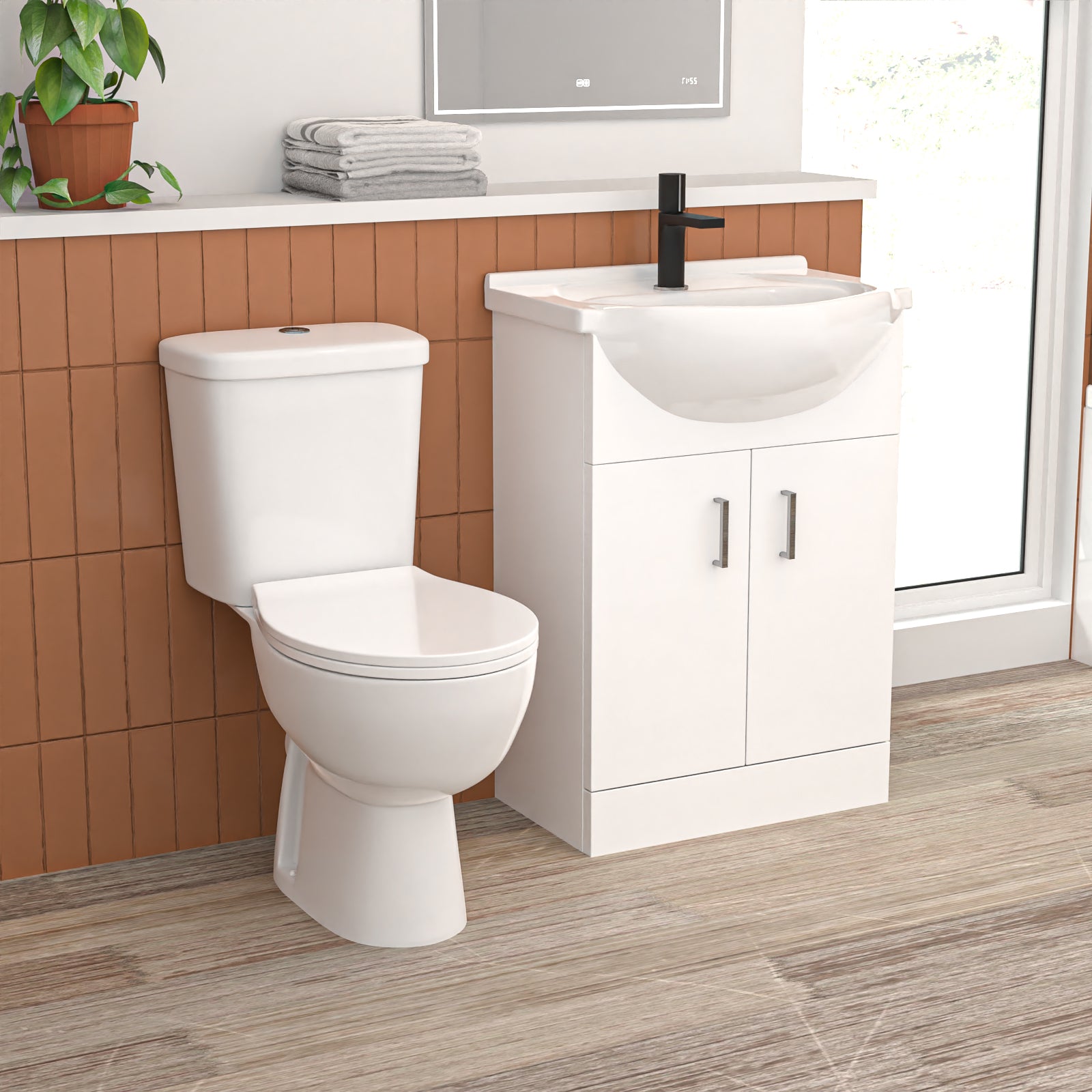 1600mm LH L Shaped Bathroom Suite, Front Panel & Screen With Vanity & Toilet