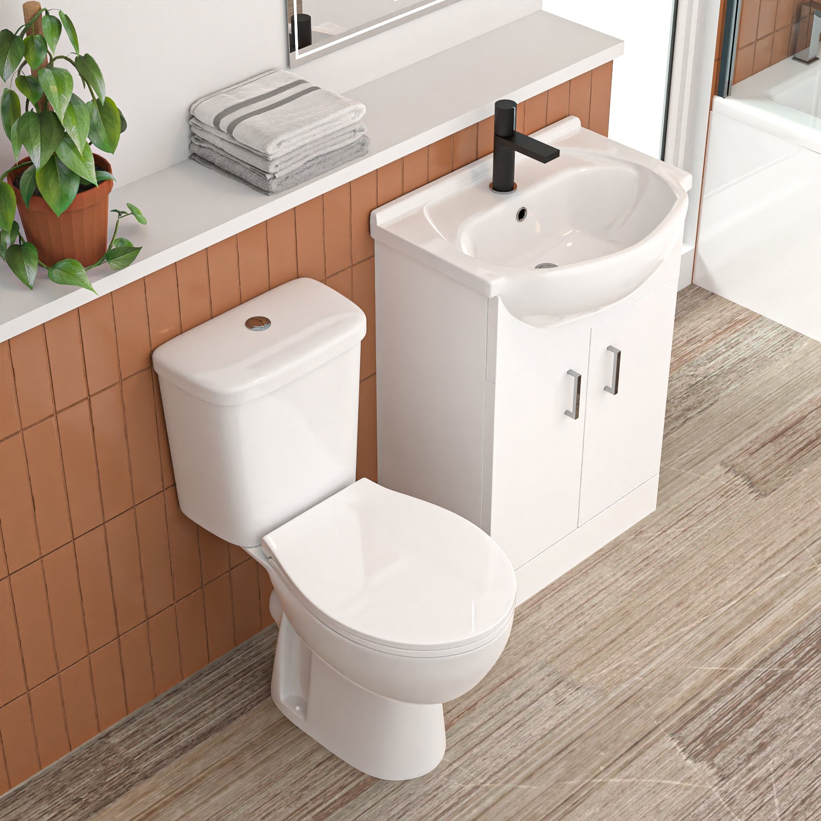 1600mm RH L Shaped Bathroom Suite, Front Panel & Screen With Vanity & Toilet