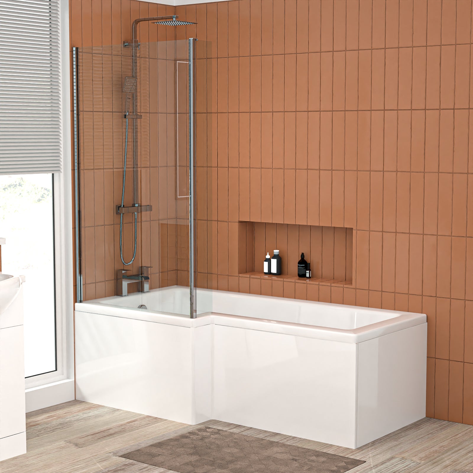 1600mm LH L Shaped Bathroom Suite, Front Panel & Screen With Vanity & Toilet
