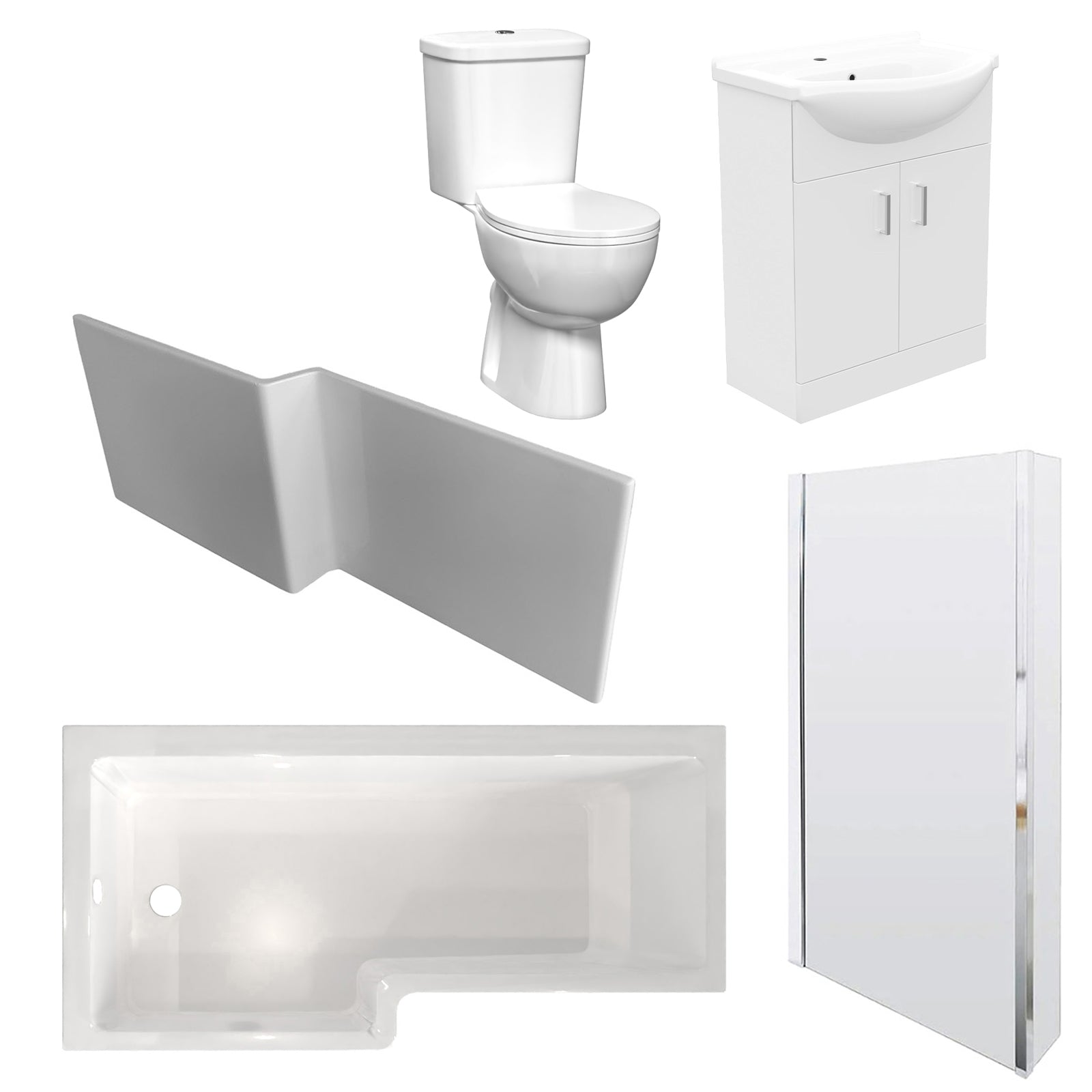 1600mm LH L Shaped Bathroom Suite, Front Panel & Screen With Vanity & Toilet
