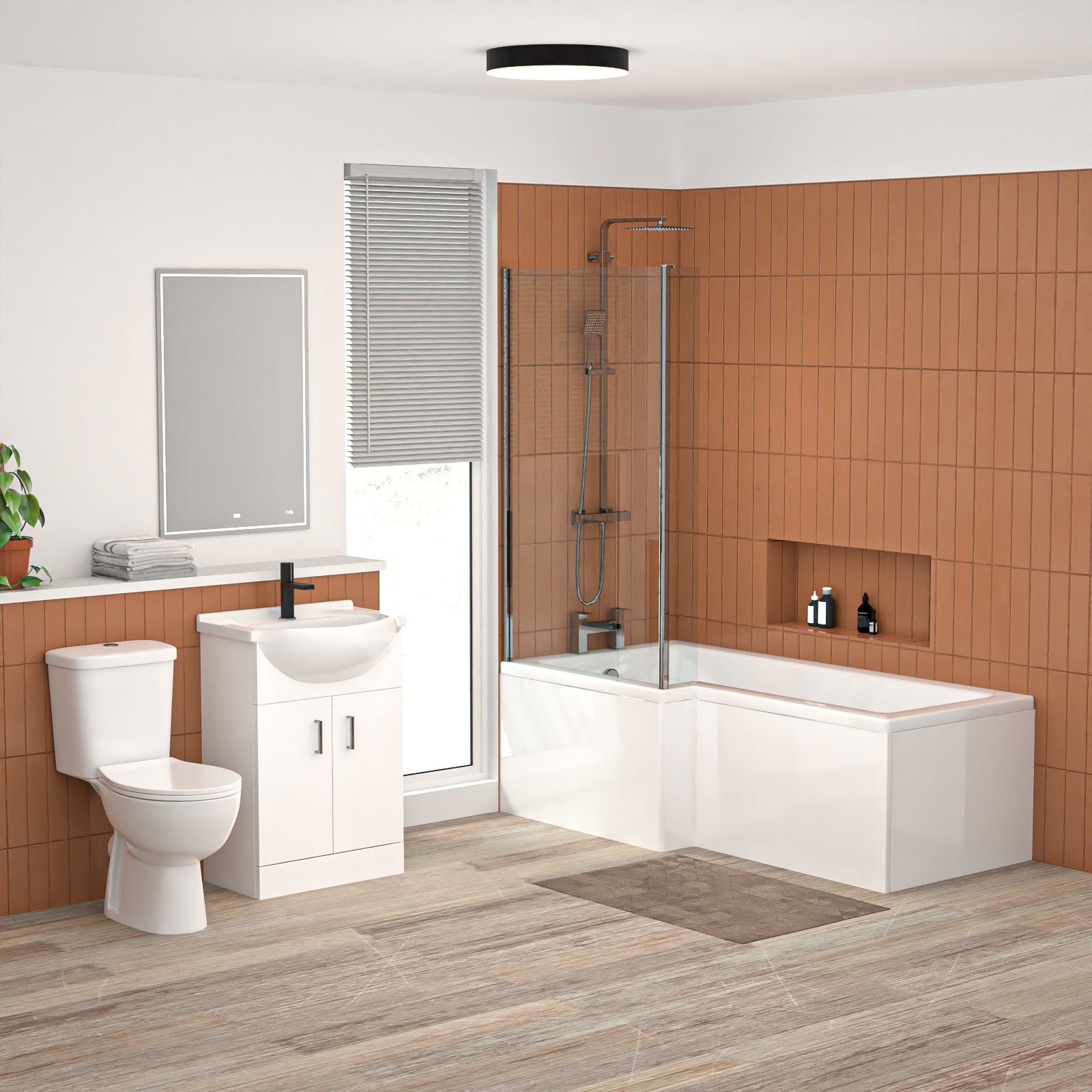 1600mm LH L Shaped Bathroom Suite, Front Panel & Screen With Vanity & Toilet