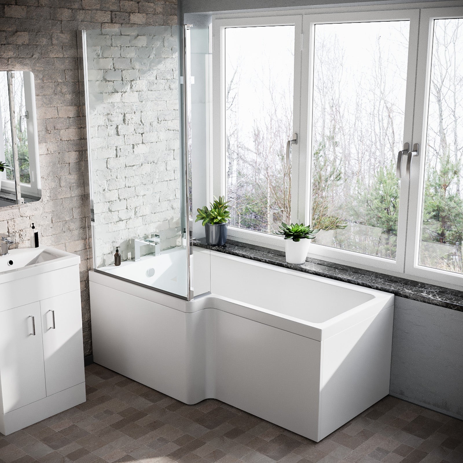 1600mm LH L Shaped Bath, Front Panel, Screen With 500mm Vanity & Toilet
