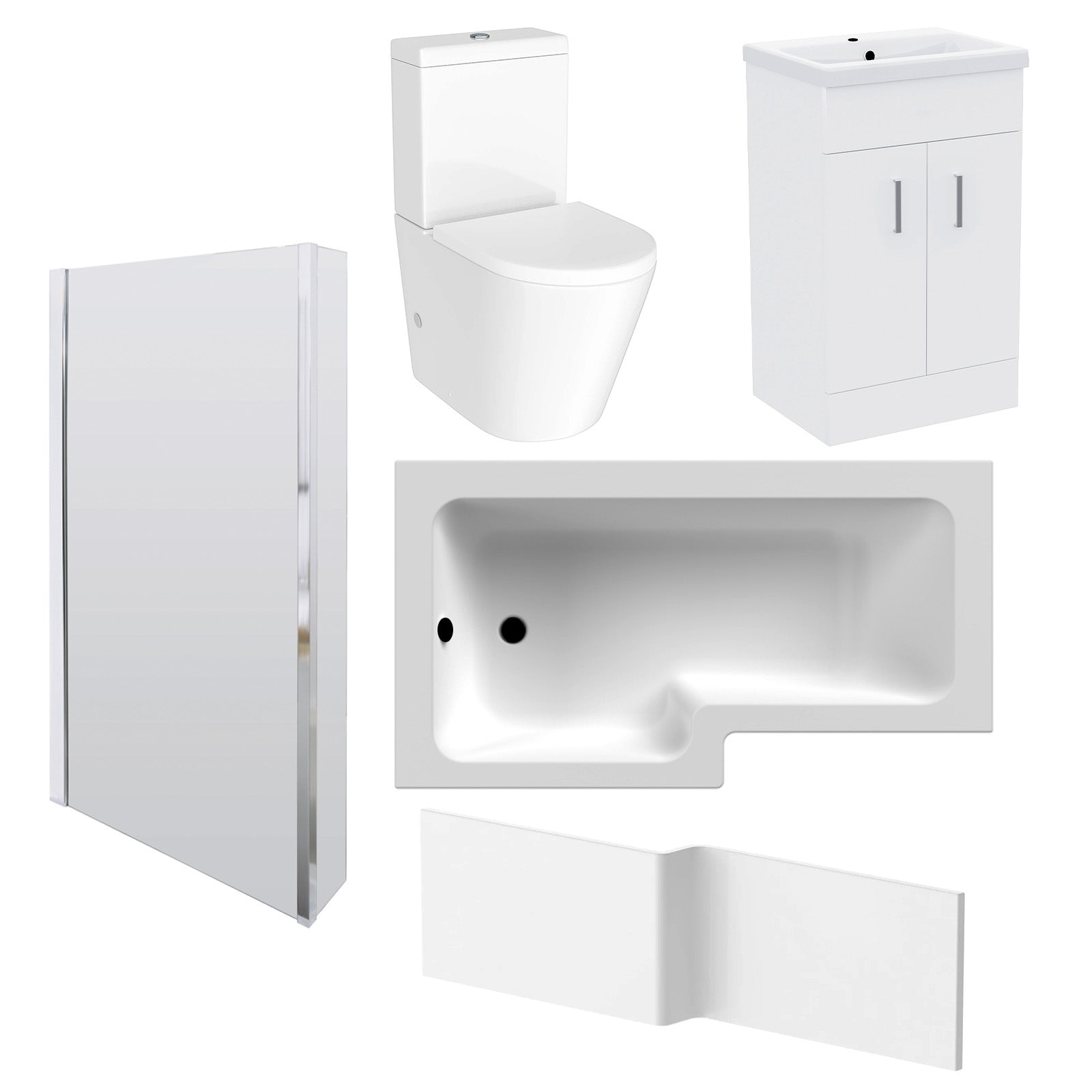 1600mm LH L Shaped Bath, Front Panel, Screen With 500mm Vanity & Toilet