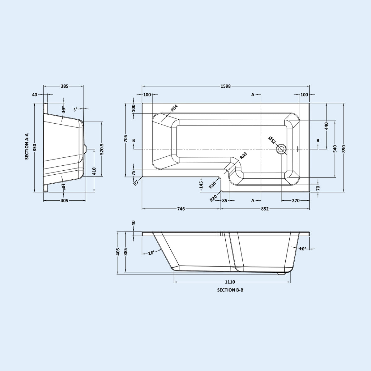 L Shaped RH 1600mm Shower Bath Acrylic & Front Panel