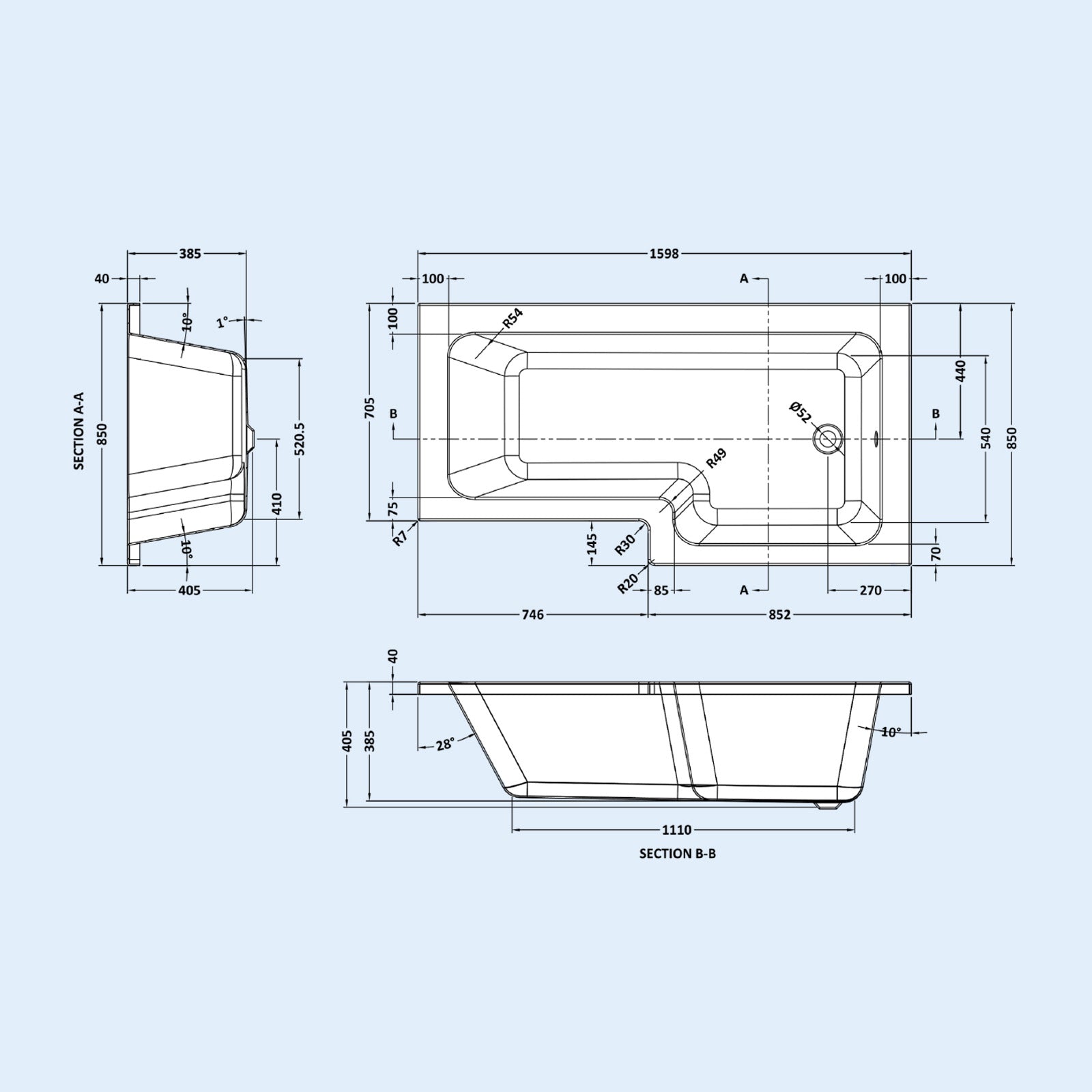 1600mm RH L Shaped Bathroom Suite, Front Panel & Screen With Vanity & Toilet