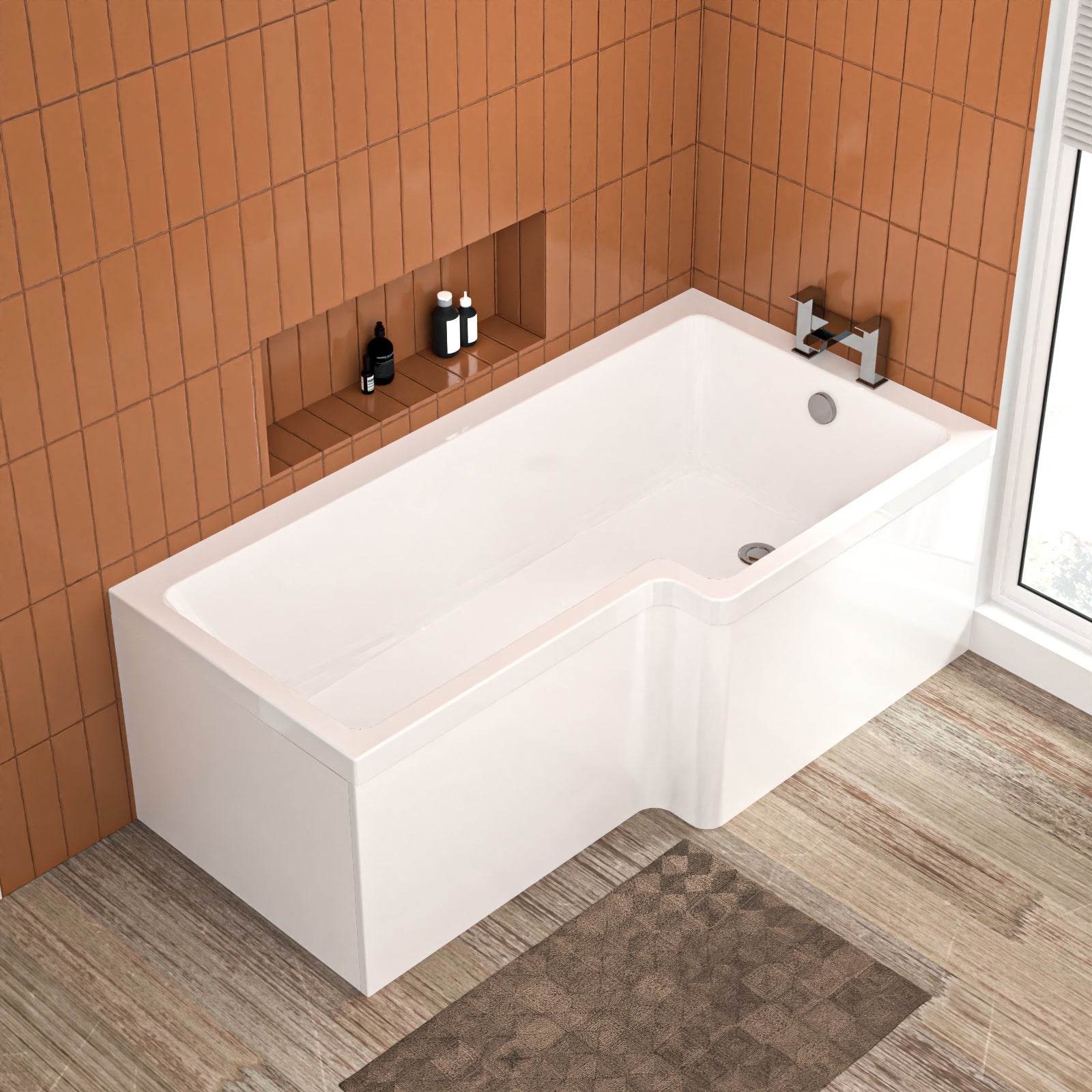 L Shaped RH 1600mm Curved Shower Bath Acrylic & Front Panel