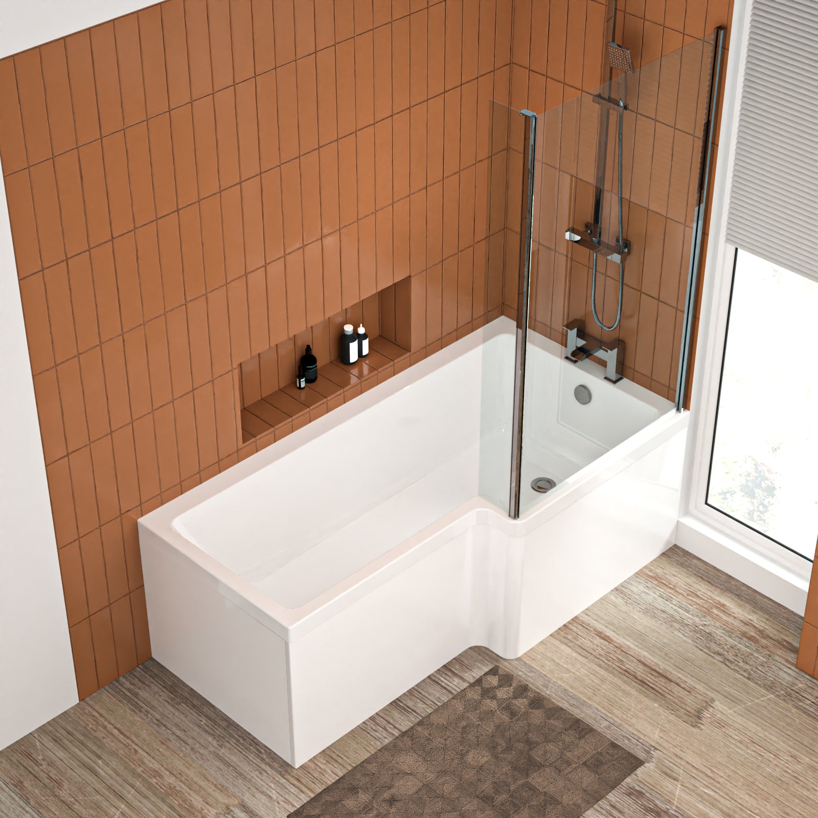 L Shaped RH 1600mm Curved Shower Bath Acrylic Front Panel & Screen