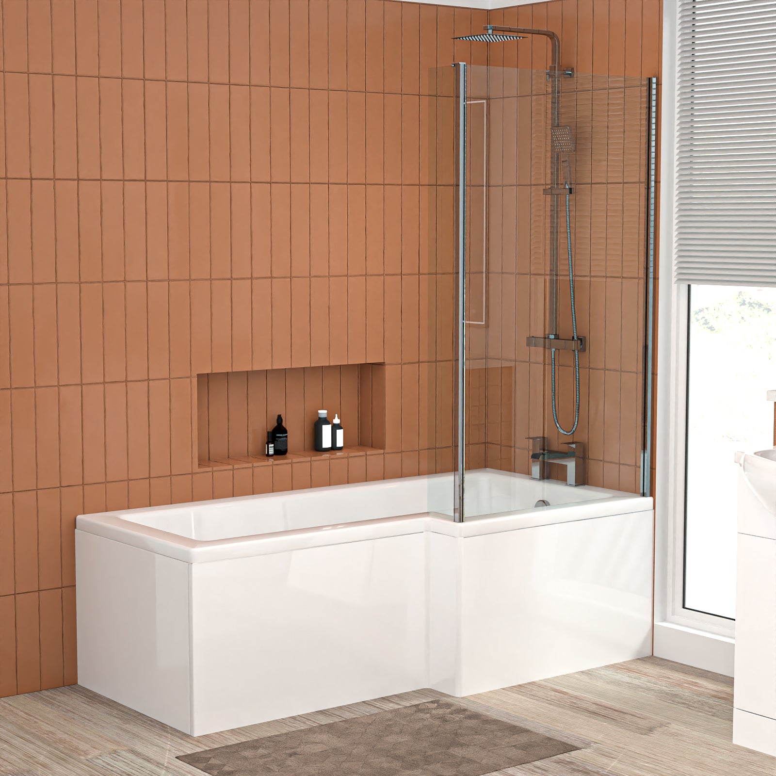 1600mm RH L Shaped Bathroom Suite, Front Panel & Screen With Vanity & Toilet