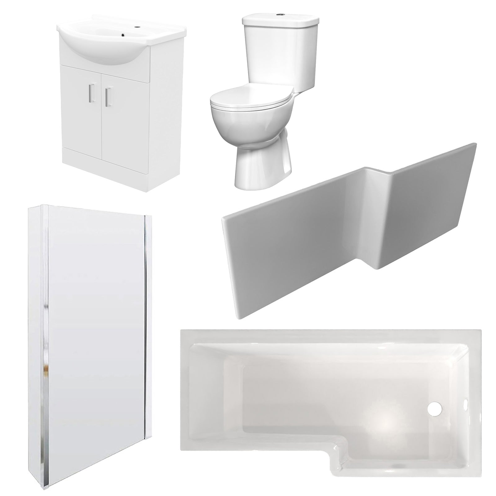 1600mm RH L Shaped Bathroom Suite, Front Panel & Screen With Vanity & Toilet