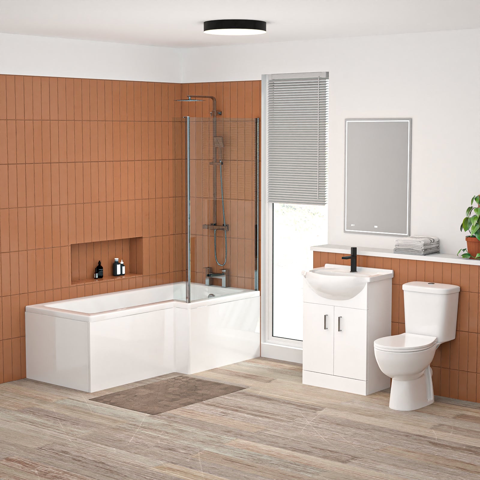 1600mm RH L Shaped Bathroom Suite, Front Panel & Screen With Vanity & Toilet