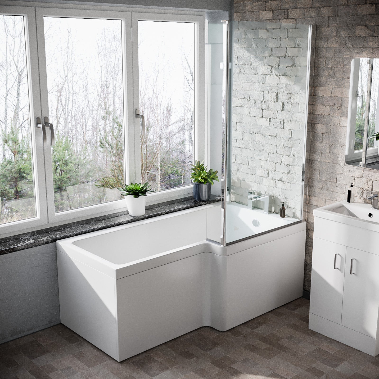 1600mm RH L Shaped Bath, Front Panel, Screen With 500mm Vanity & Toilet