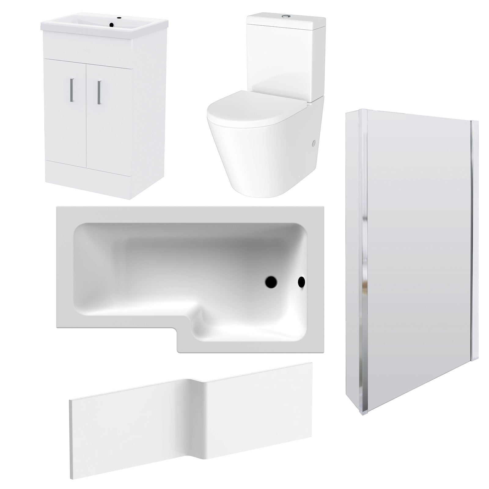 1600mm RH L Shaped Bath, Front Panel, Screen With 500mm Vanity & Toilet