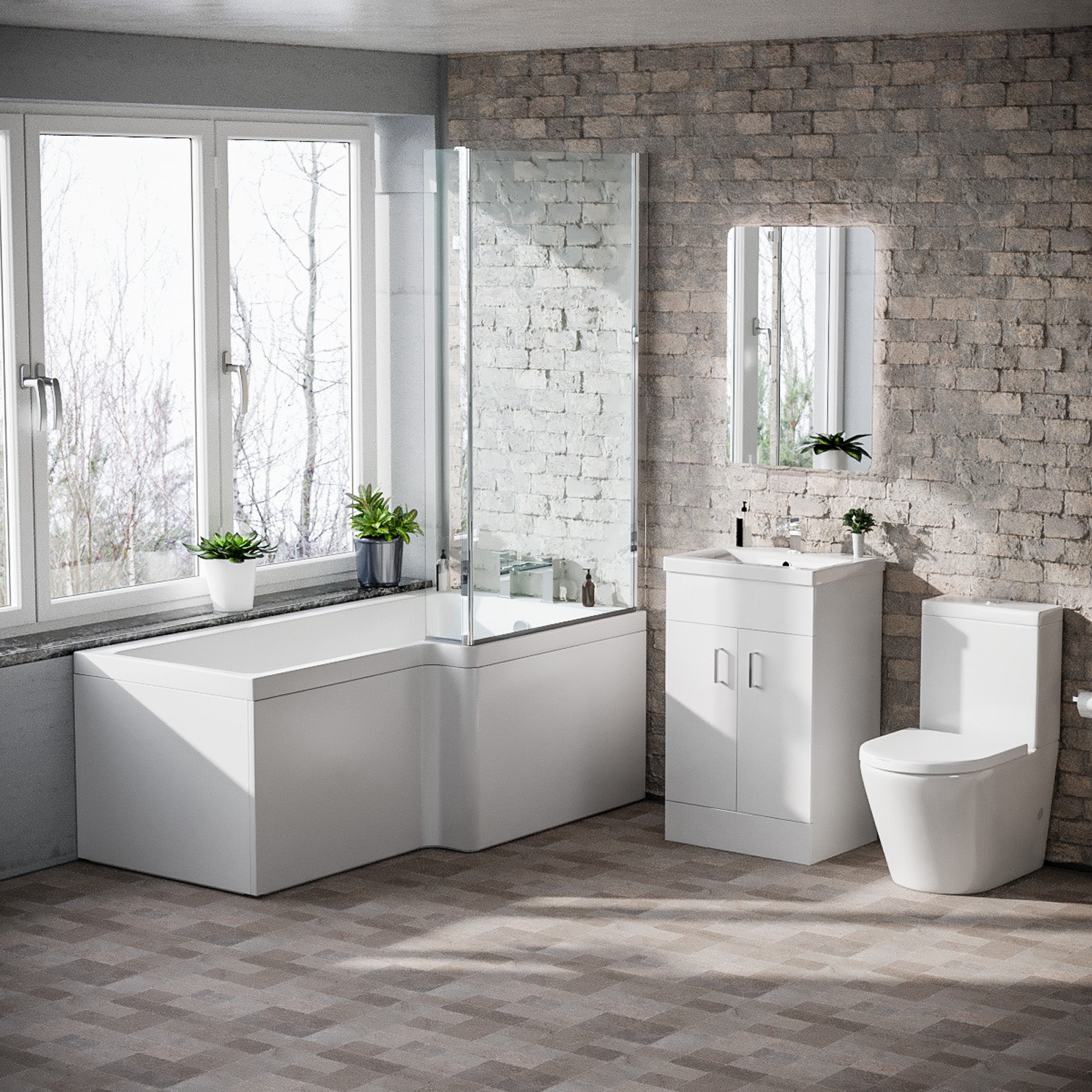 1600mm RH L Shaped Bath, Front Panel, Screen With 500mm Vanity & Toilet