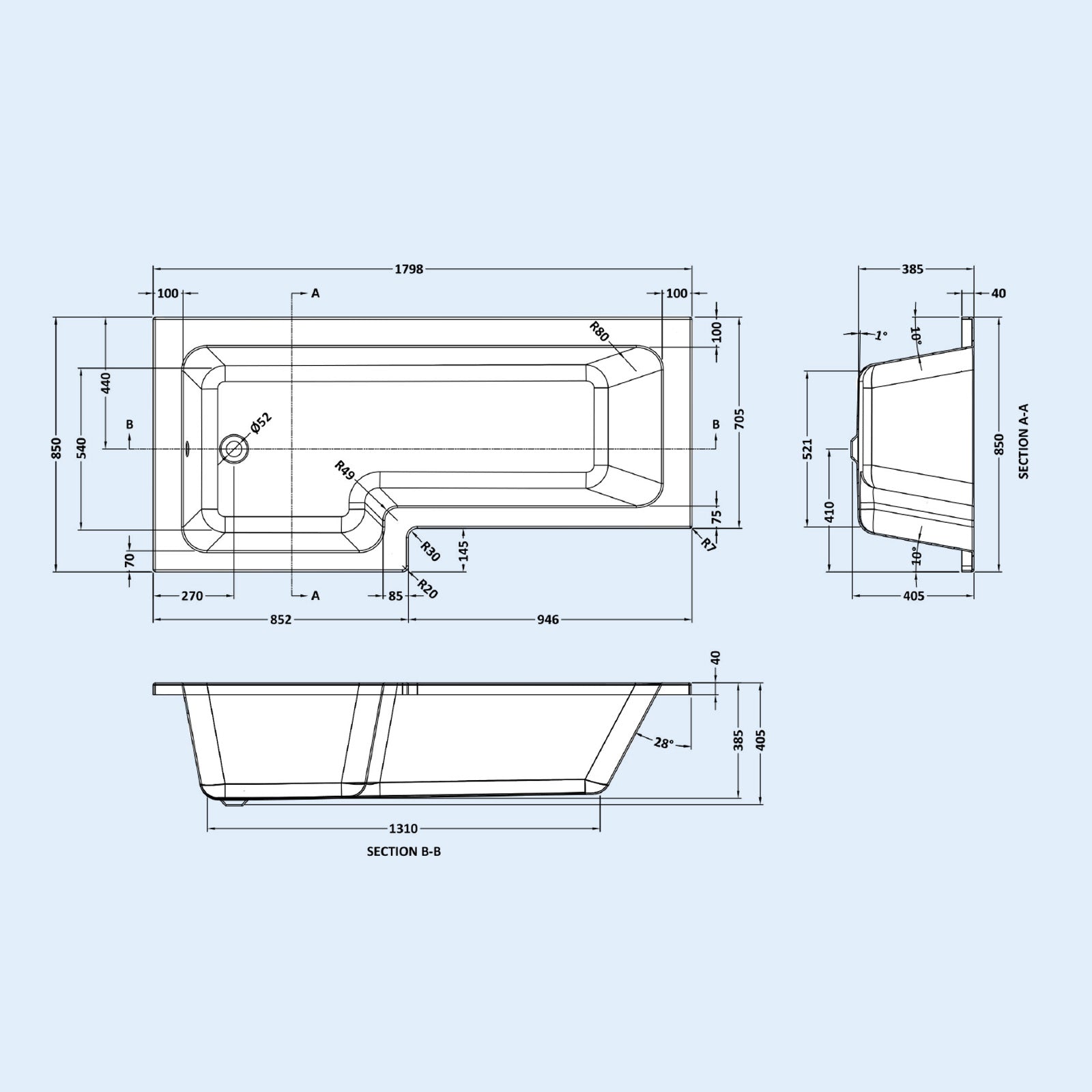 1800mm LH L Shaped Bath, Front Panel, Screen With 550mm Vanity & Toilet