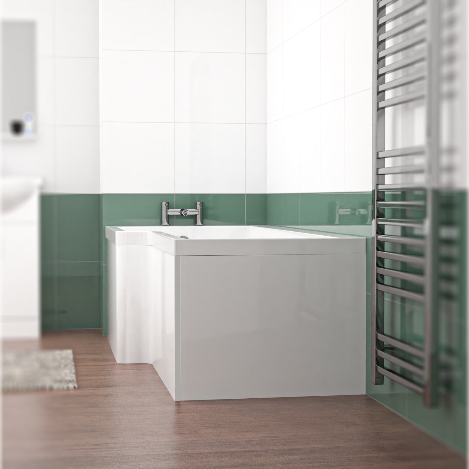 L Shaped LH 1800mm Curved Shower Bath Acrylic & Front Panel