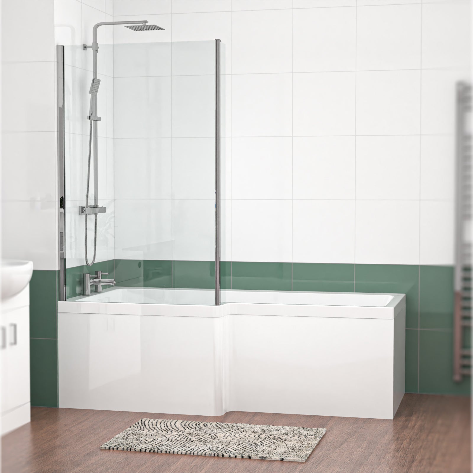 L Shaped LH 1800mm Curved Shower Bath Acrylic Front Panel & Screen