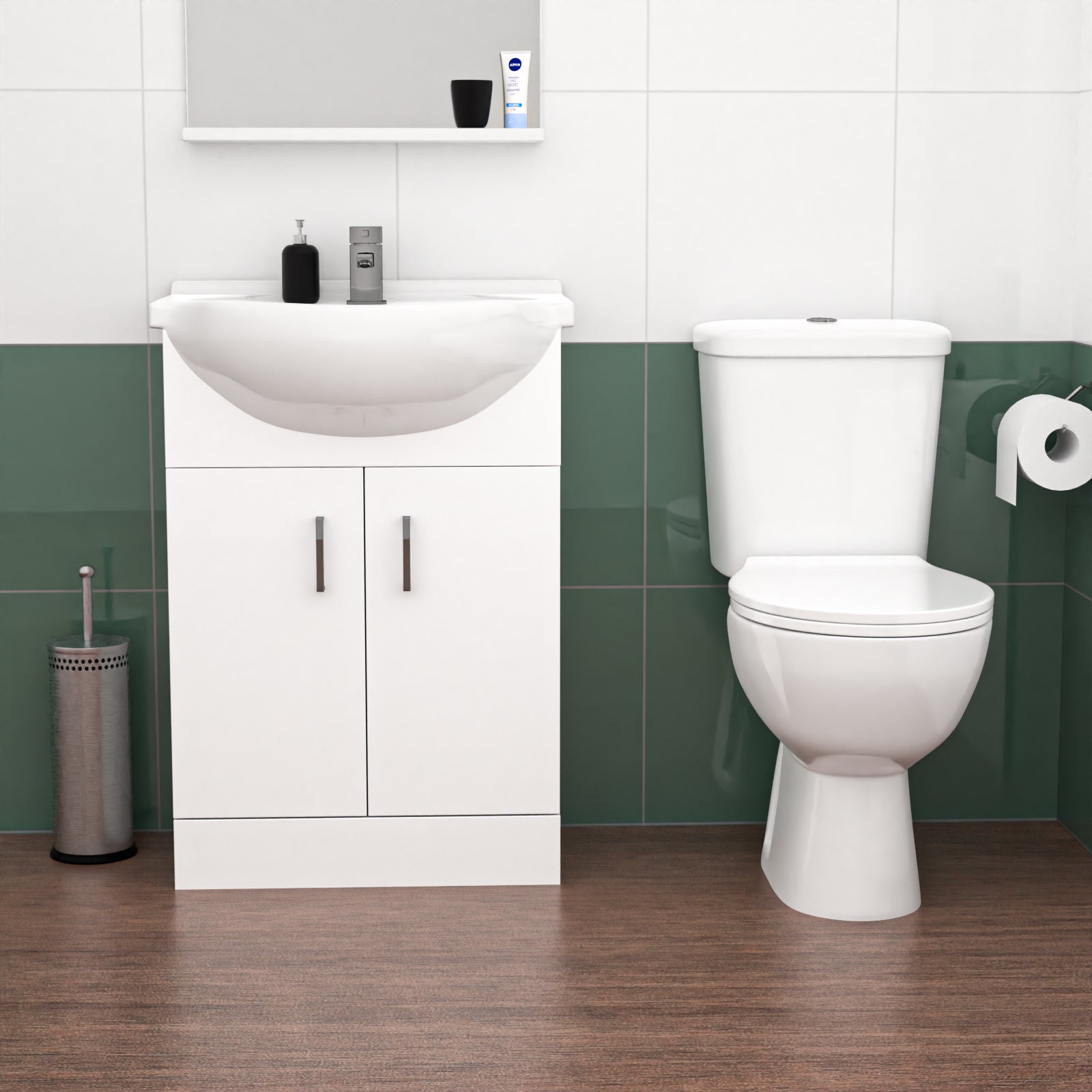 1800mm LH L Shaped Bath, Front Panel, Screen With 550mm Vanity & Toilet