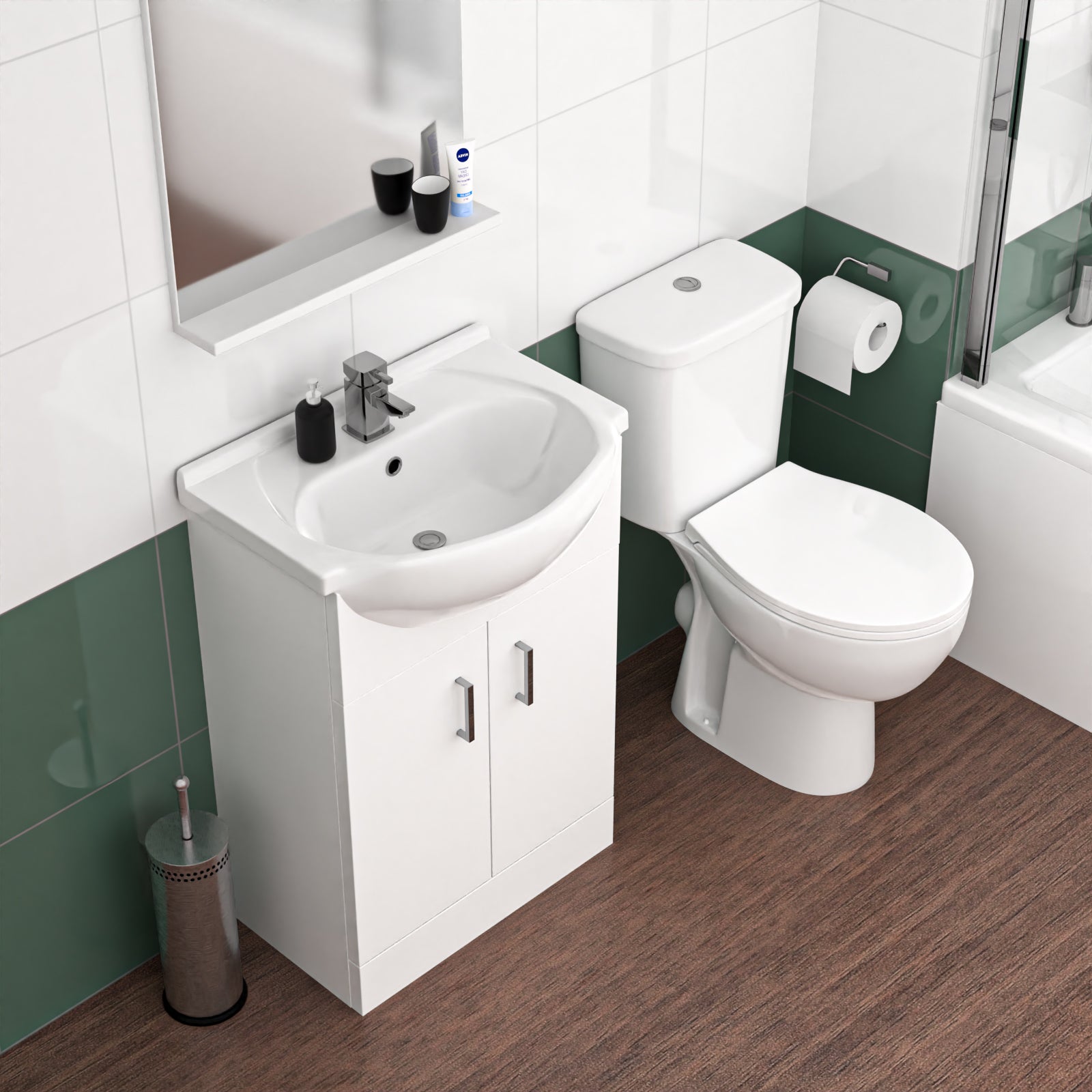 1800mm LH L Shaped Bath, Front Panel, Screen With 550mm Vanity & Toilet