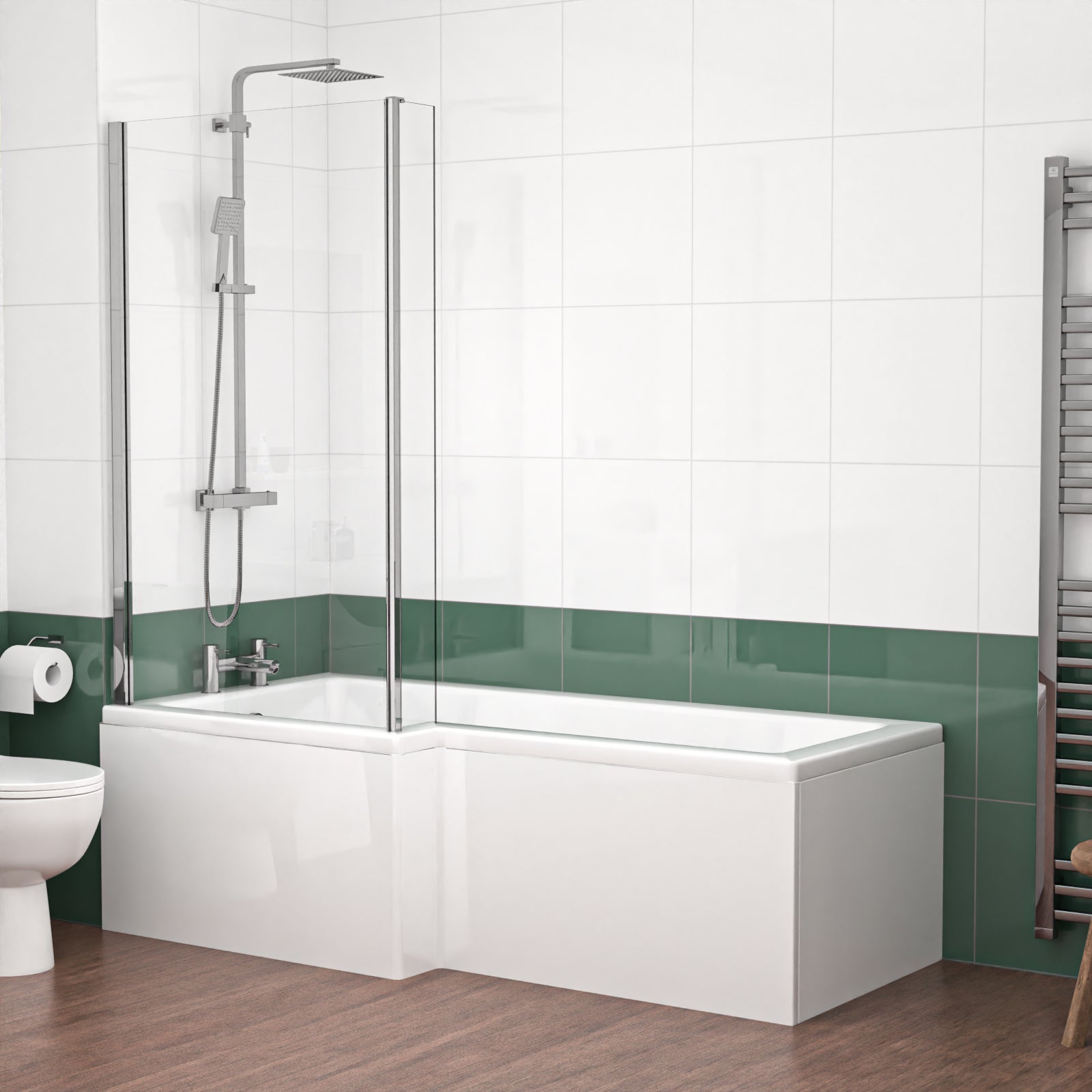 1800mm LH L Shaped Bath, Front Panel, Screen With 550mm Vanity & Toilet