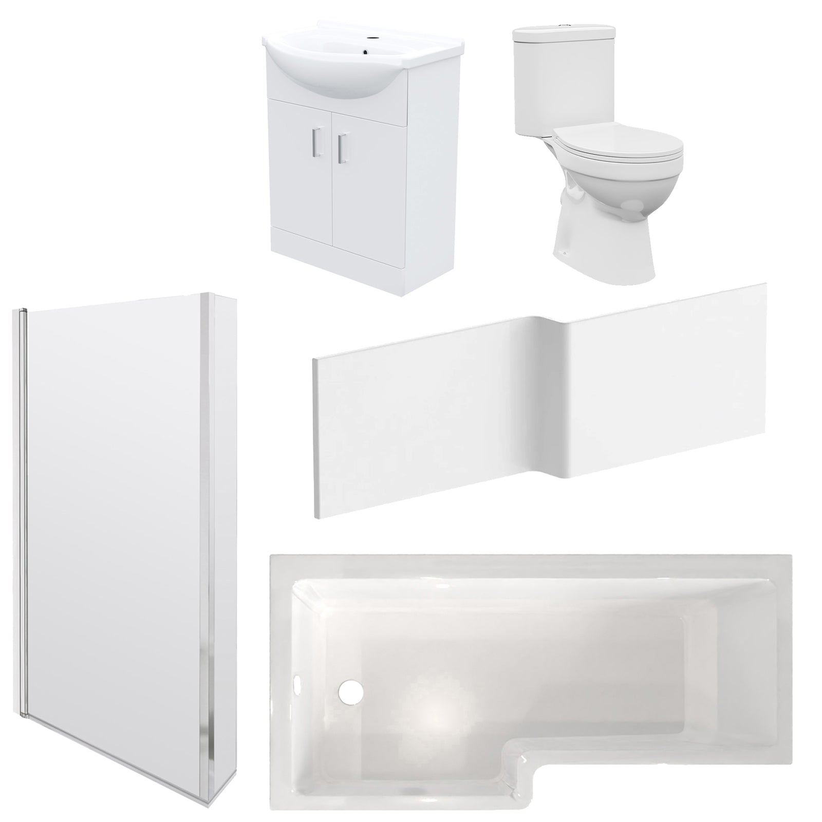 1800mm LH L Shaped Bath, Front Panel, Screen With 550mm Vanity & Toilet
