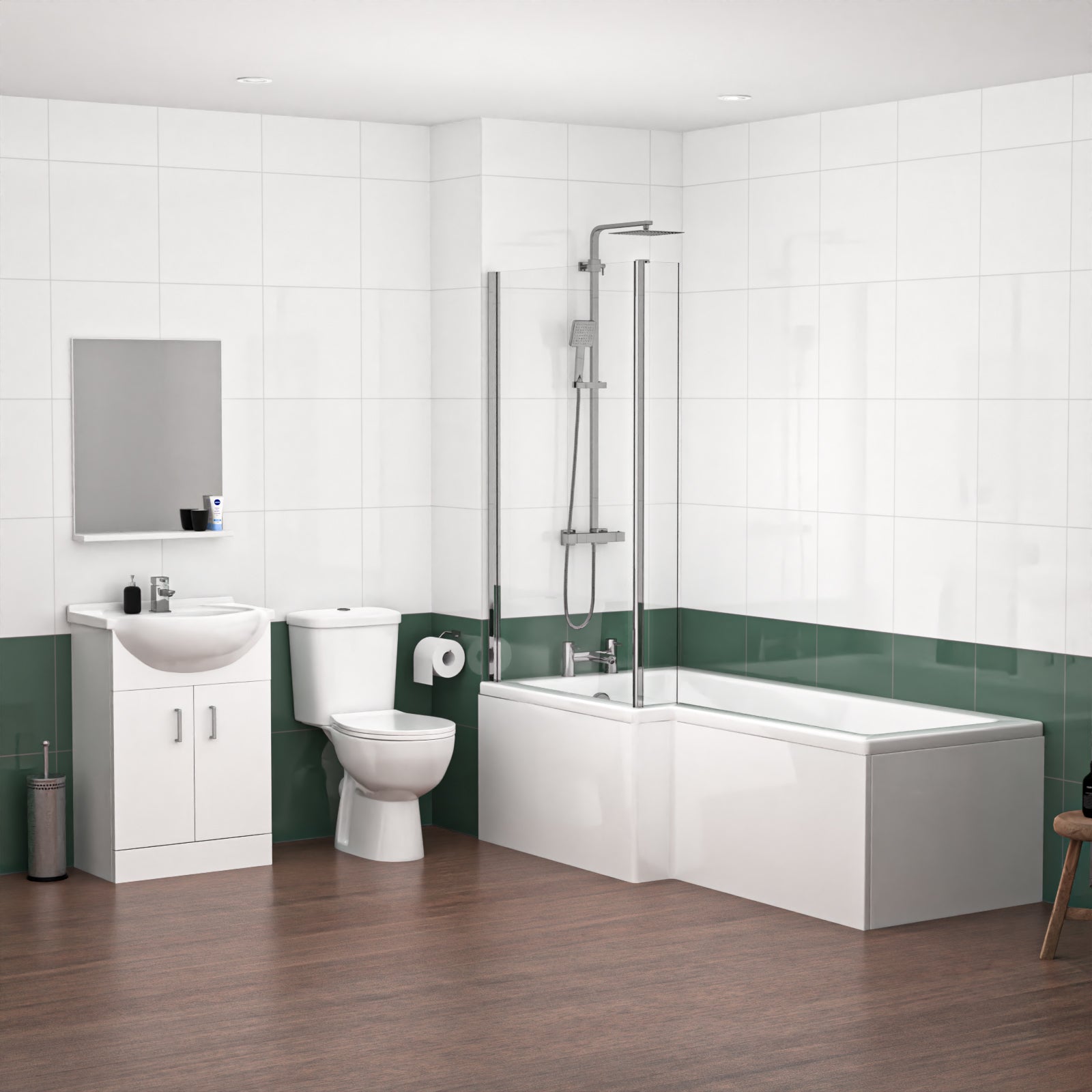 1800mm LH L Shaped Bath, Front Panel, Screen With 550mm Vanity & Toilet