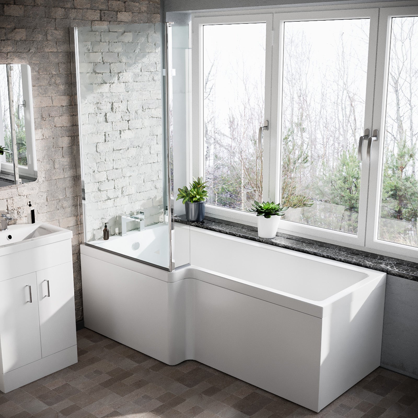 1800mm LH L Shaped Bath, Front Panel, Screen With 500mm Vanity & Toilet