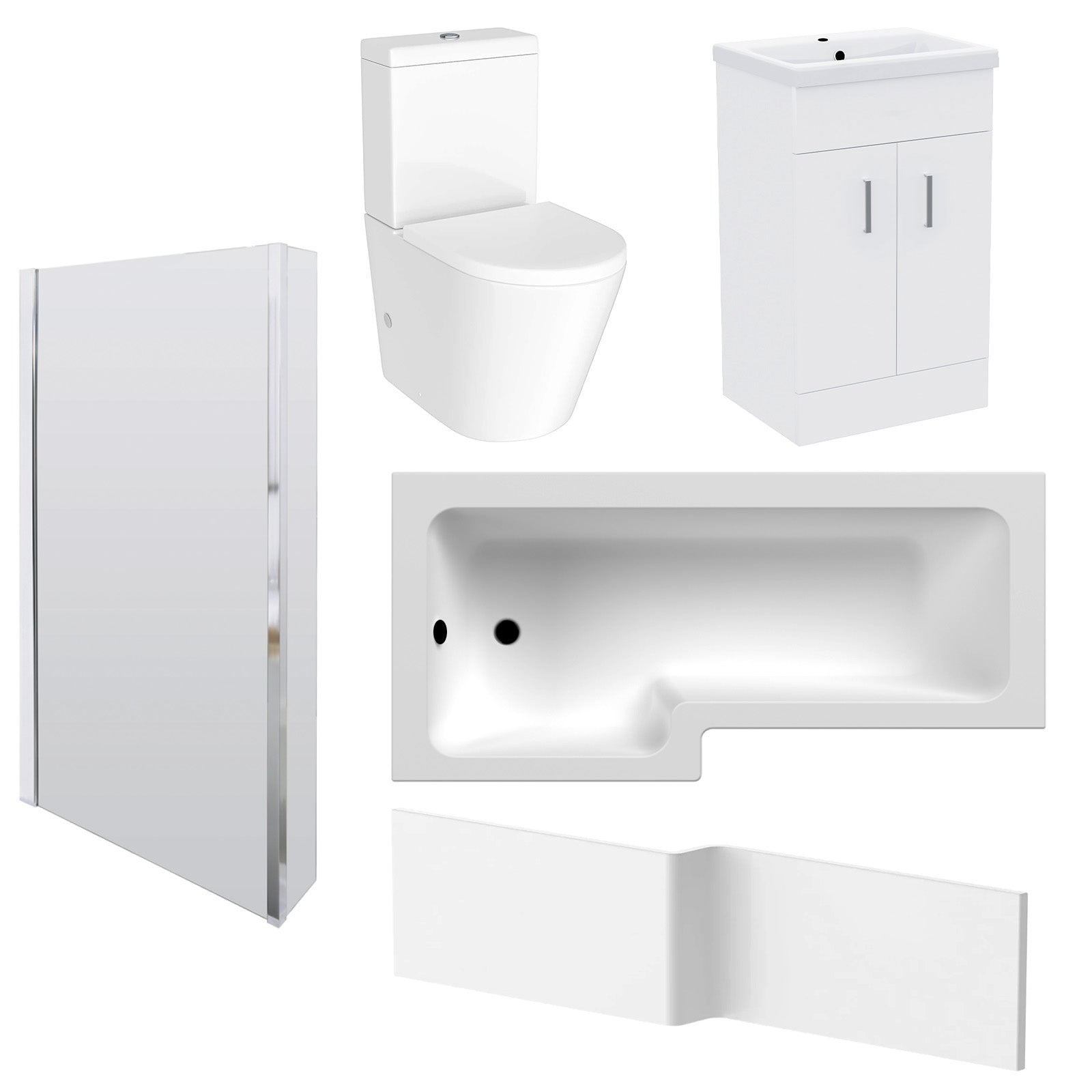 1800mm LH L Shaped Bath, Front Panel, Screen With 500mm Vanity & Toilet