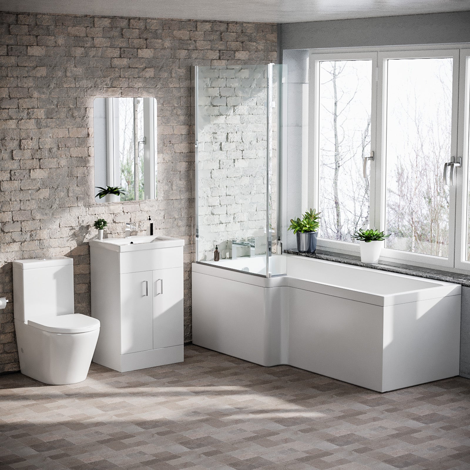 1800mm LH L Shaped Bath, Front Panel, Screen With 500mm Vanity & Toilet