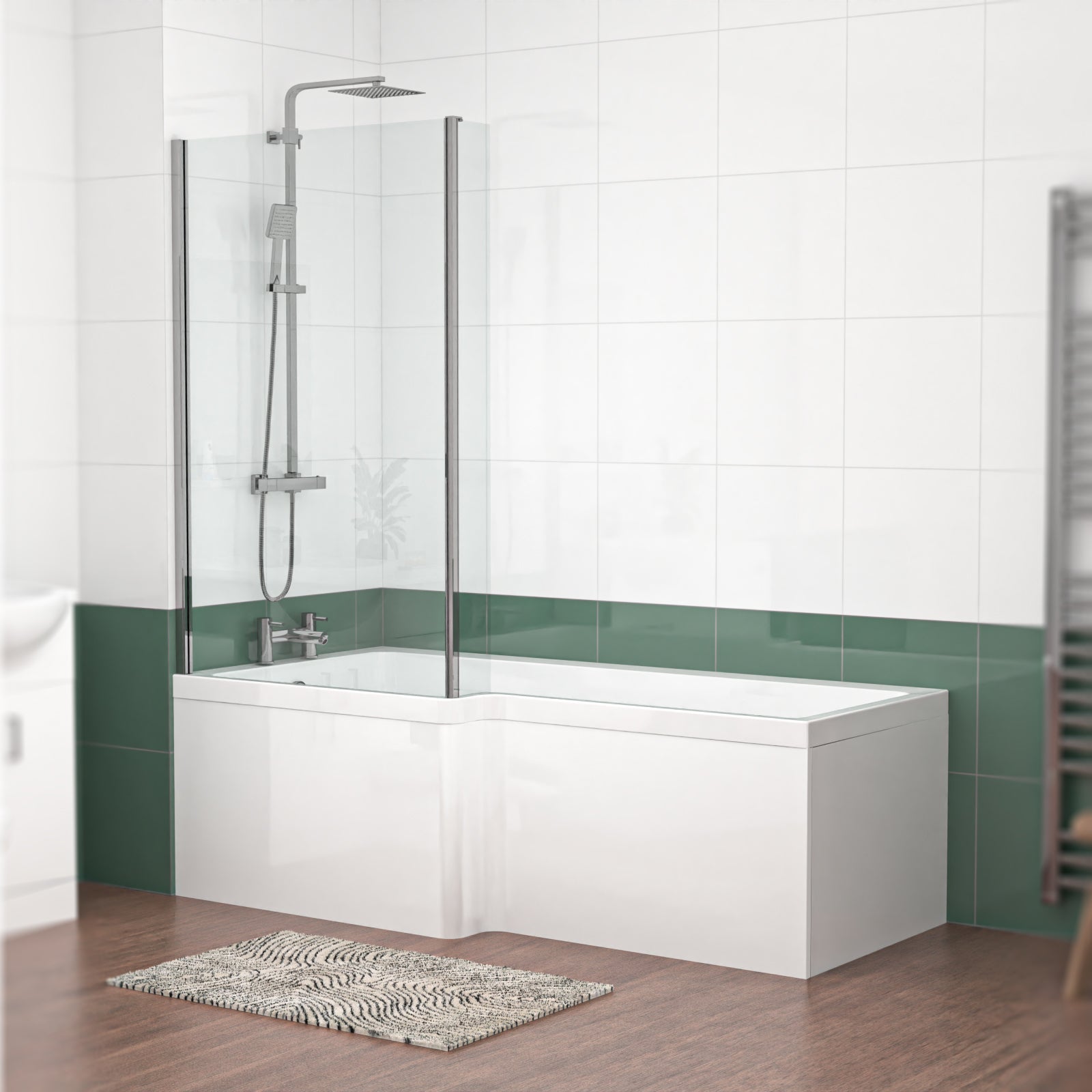 L Shaped LH 1800mm Curved Shower Bath Acrylic Front Panel & Screen