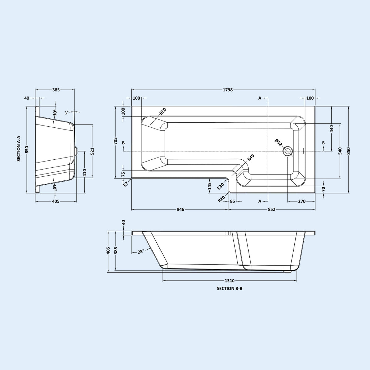 1800mm RH L Shaped Bath, Front Panel, Screen With 500mm Vanity & Toilet