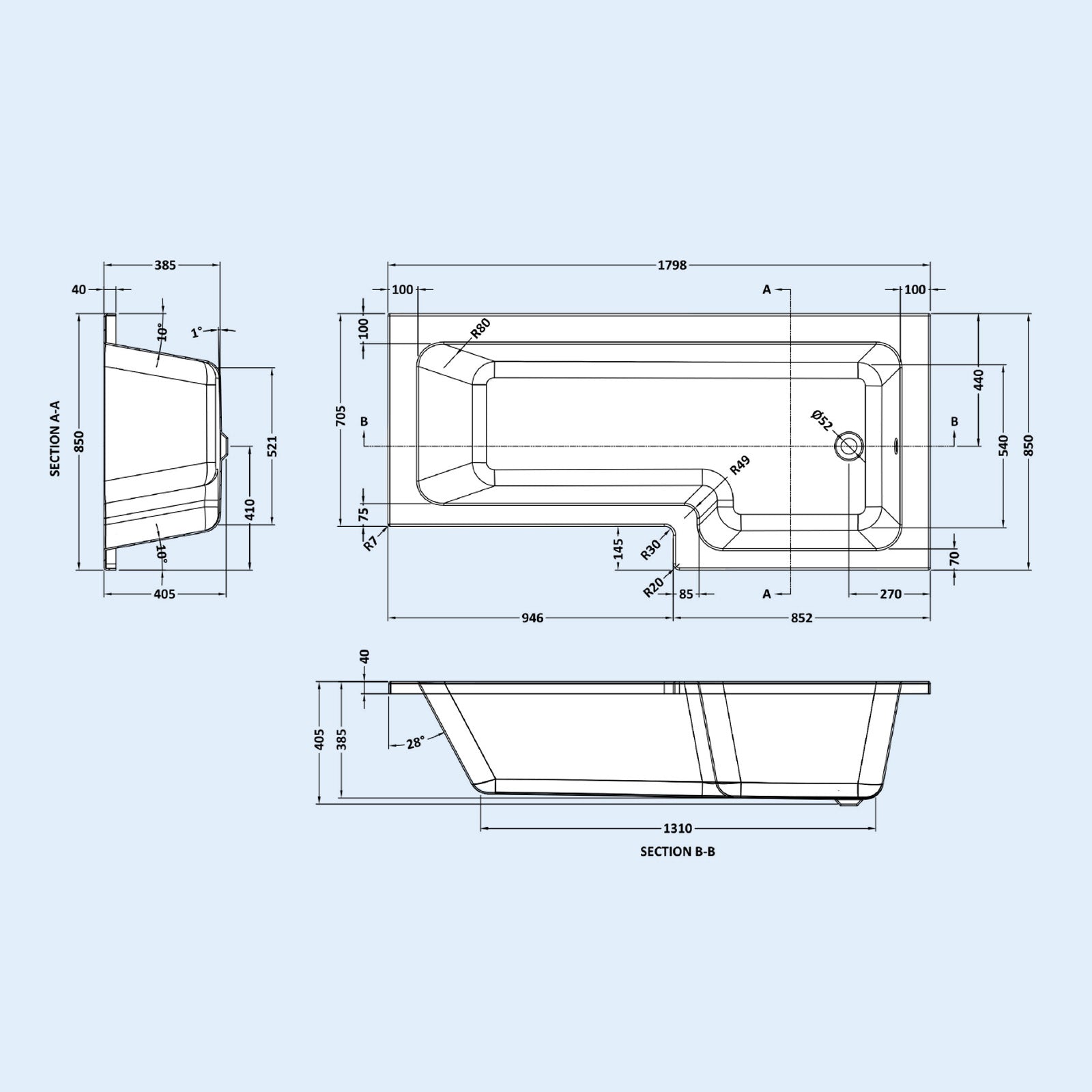 1800mm RH L Shaped Bath, Front Panel, Screen With 550mm Vanity & Toilet