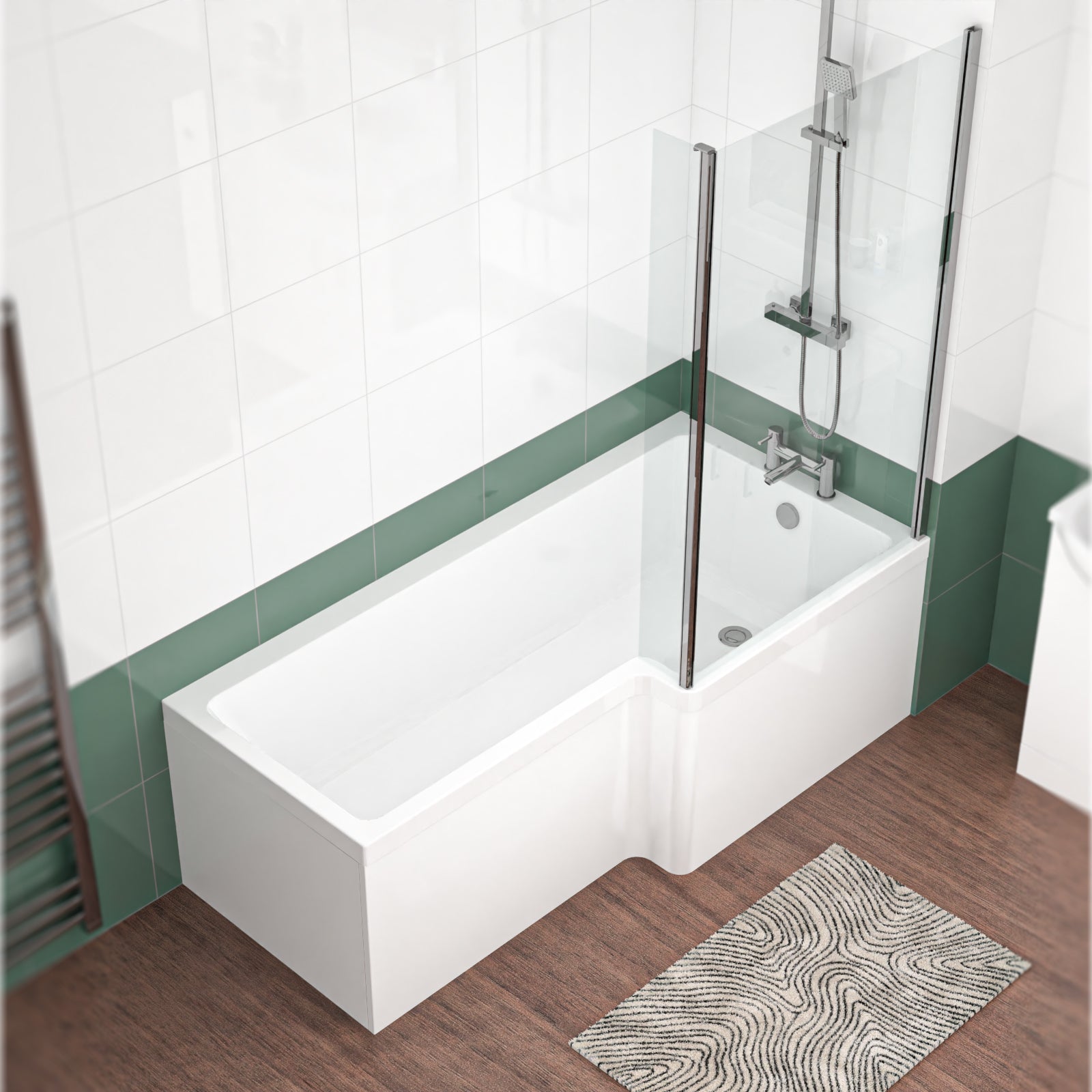 L Shaped RH 1800mm Curved Shower Bath Acrylic Front Panel & Screen