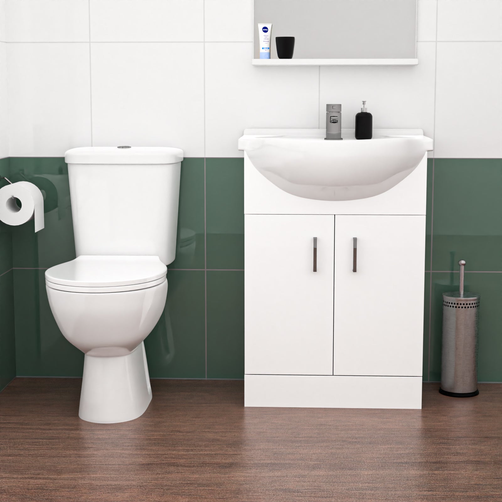1800mm RH L Shaped Bath, Front Panel, Screen With 550mm Vanity & Toilet