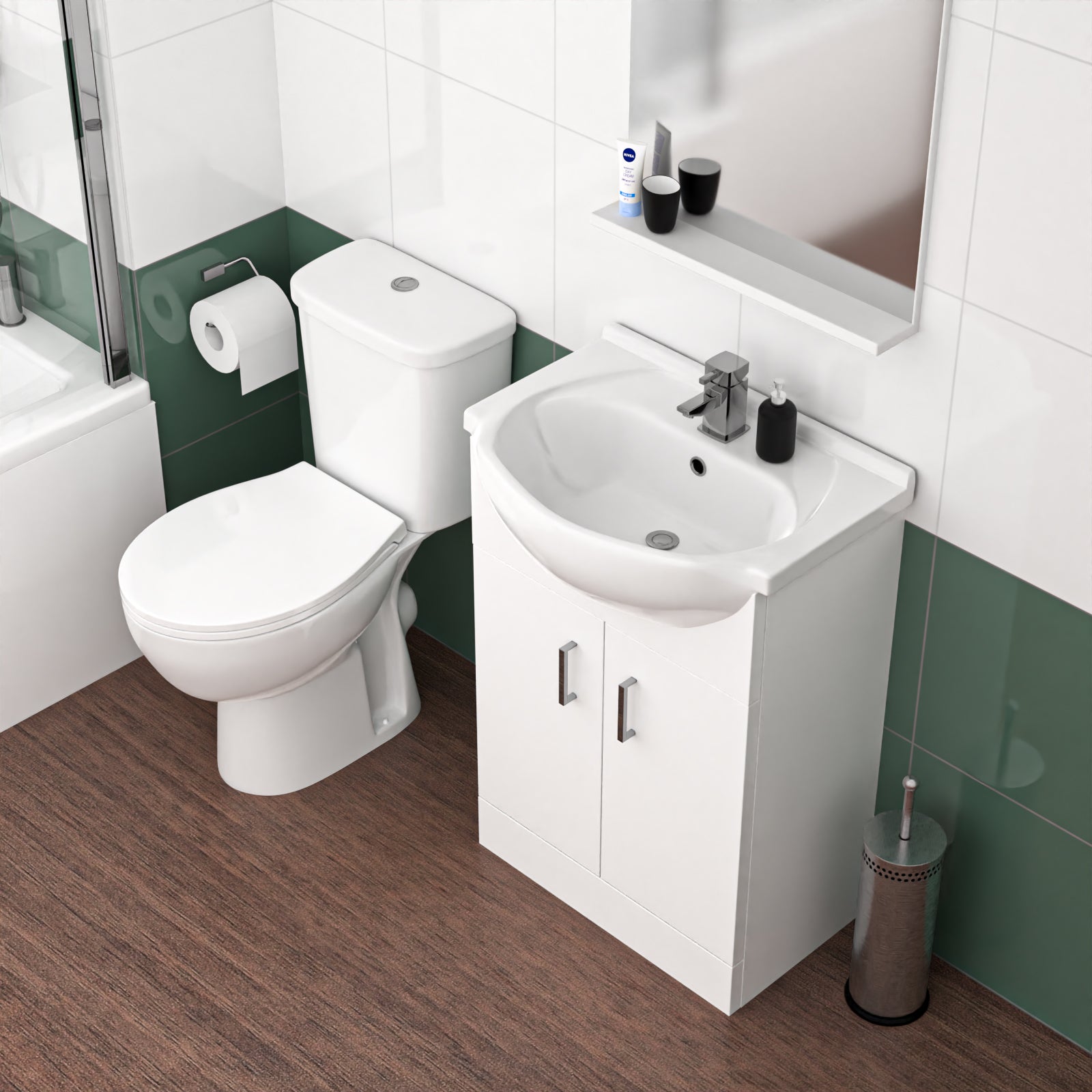 1800mm RH L Shaped Bath, Front Panel, Screen With 550mm Vanity & Toilet