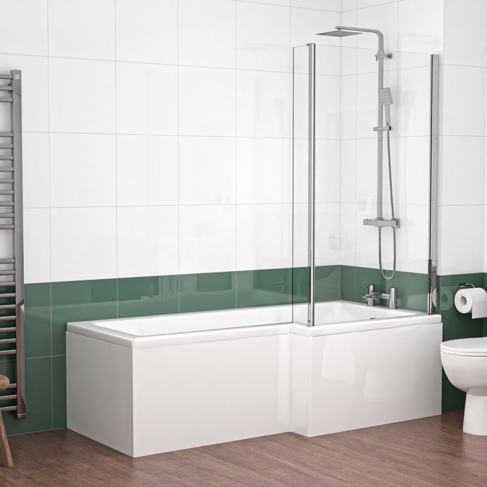 1800mm RH L Shaped Bath, Front Panel, Screen With 550mm Vanity & Toilet