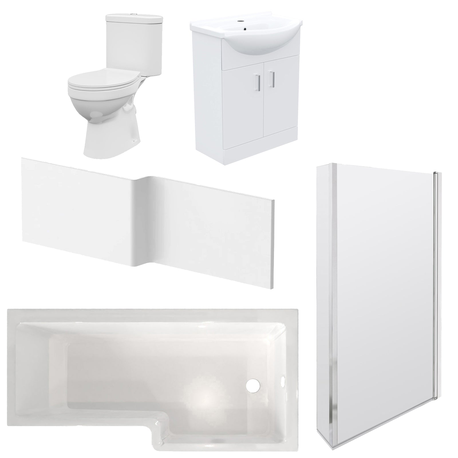 1800mm RH L Shaped Bath, Front Panel, Screen With 550mm Vanity & Toilet