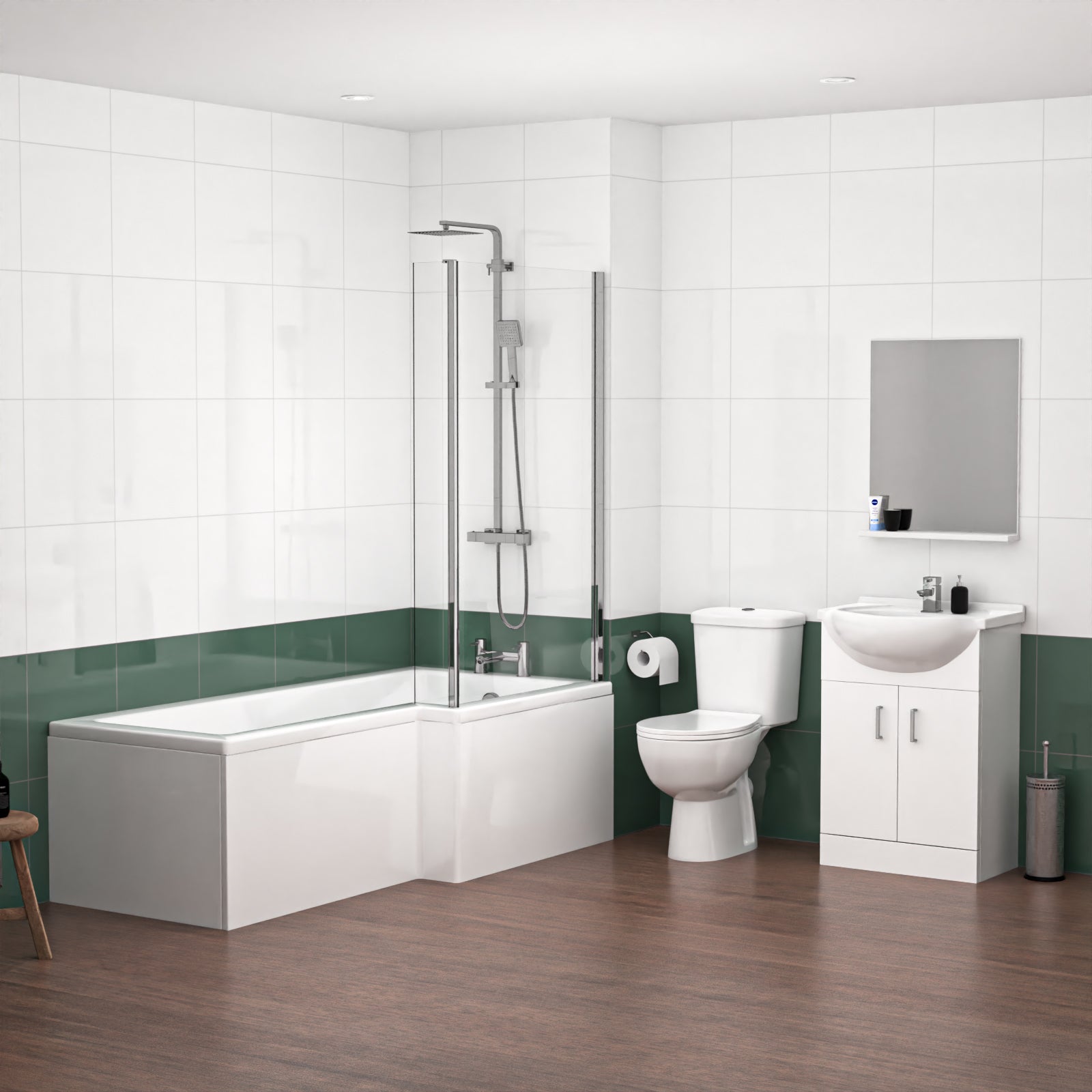 1800mm RH L Shaped Bath, Front Panel, Screen With 550mm Vanity & Toilet