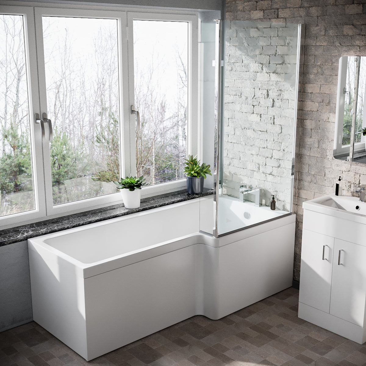 1800mm RH L Shaped Bath, Front Panel, Screen With 500mm Vanity & Toilet