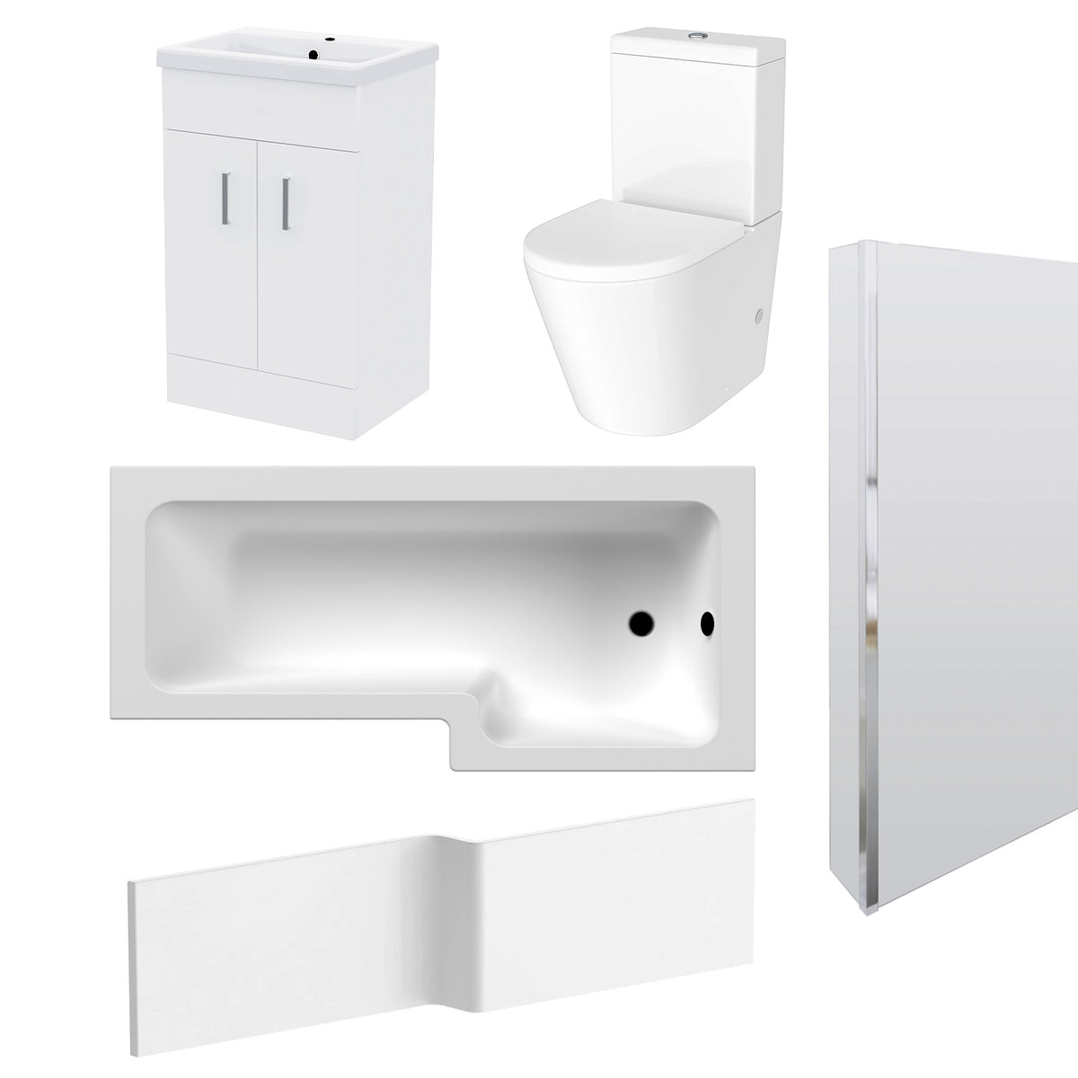 1800mm RH L Shaped Bath, Front Panel, Screen With 500mm Vanity & Toilet